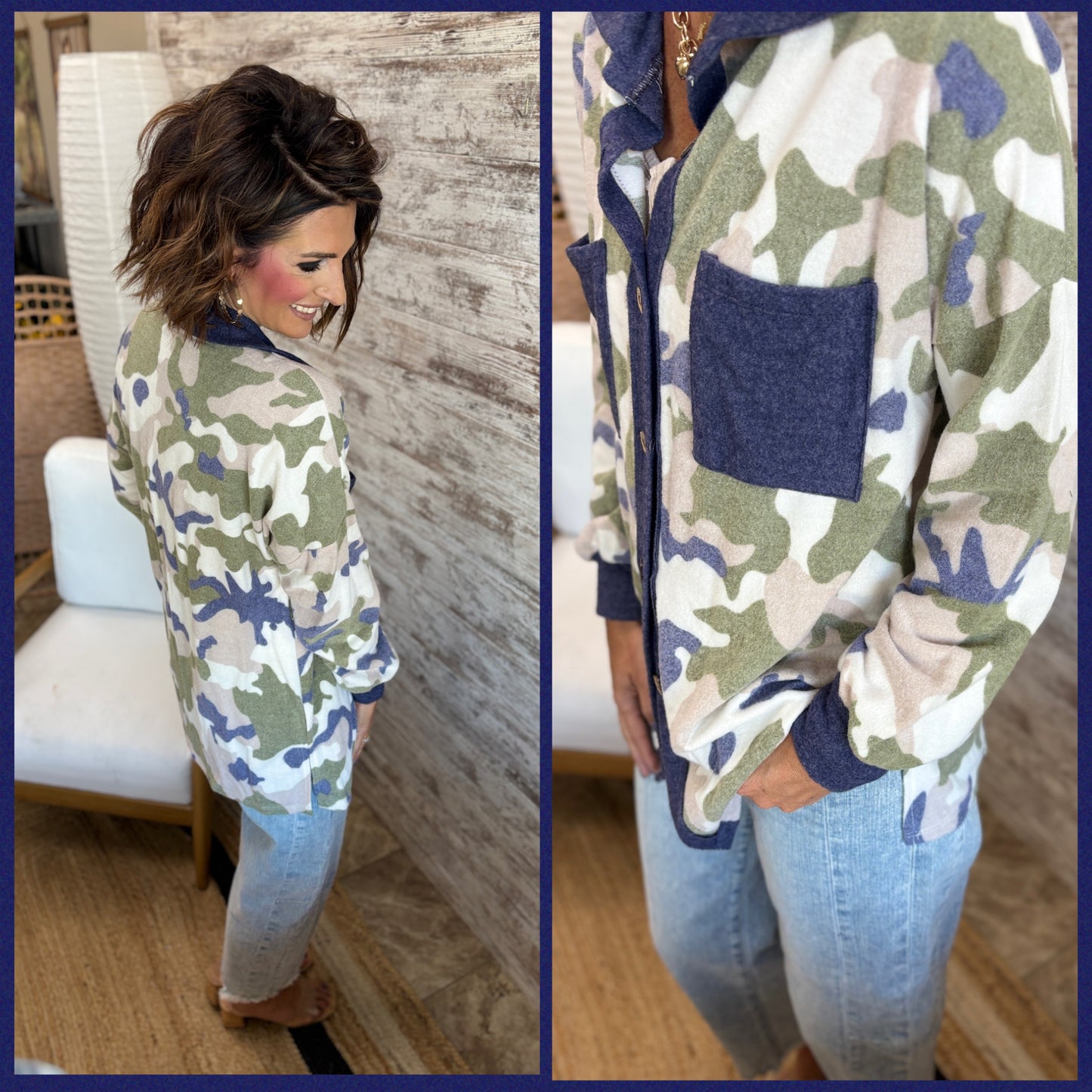 Taupe/Navy Brushed Camo Button Down