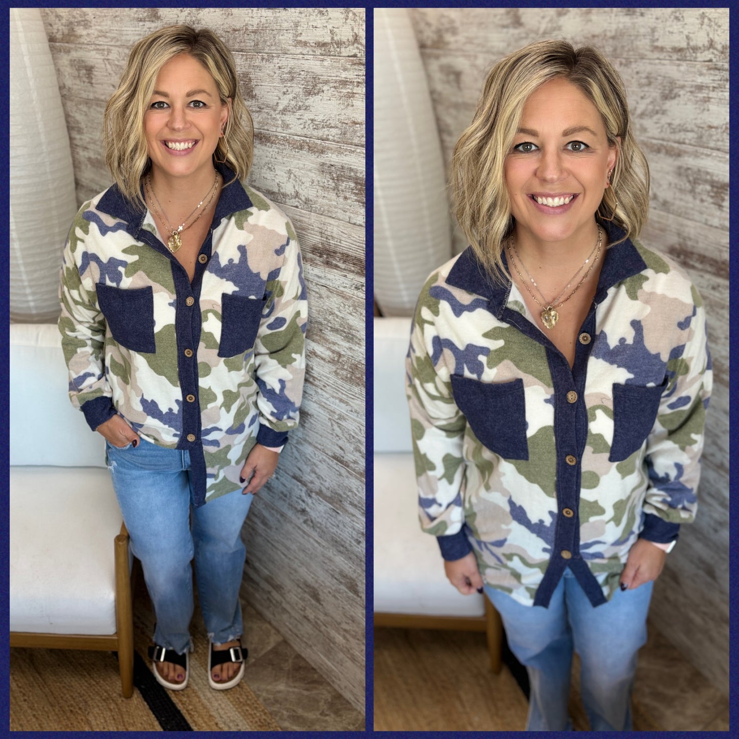 Taupe/Navy Brushed Camo Button Down
