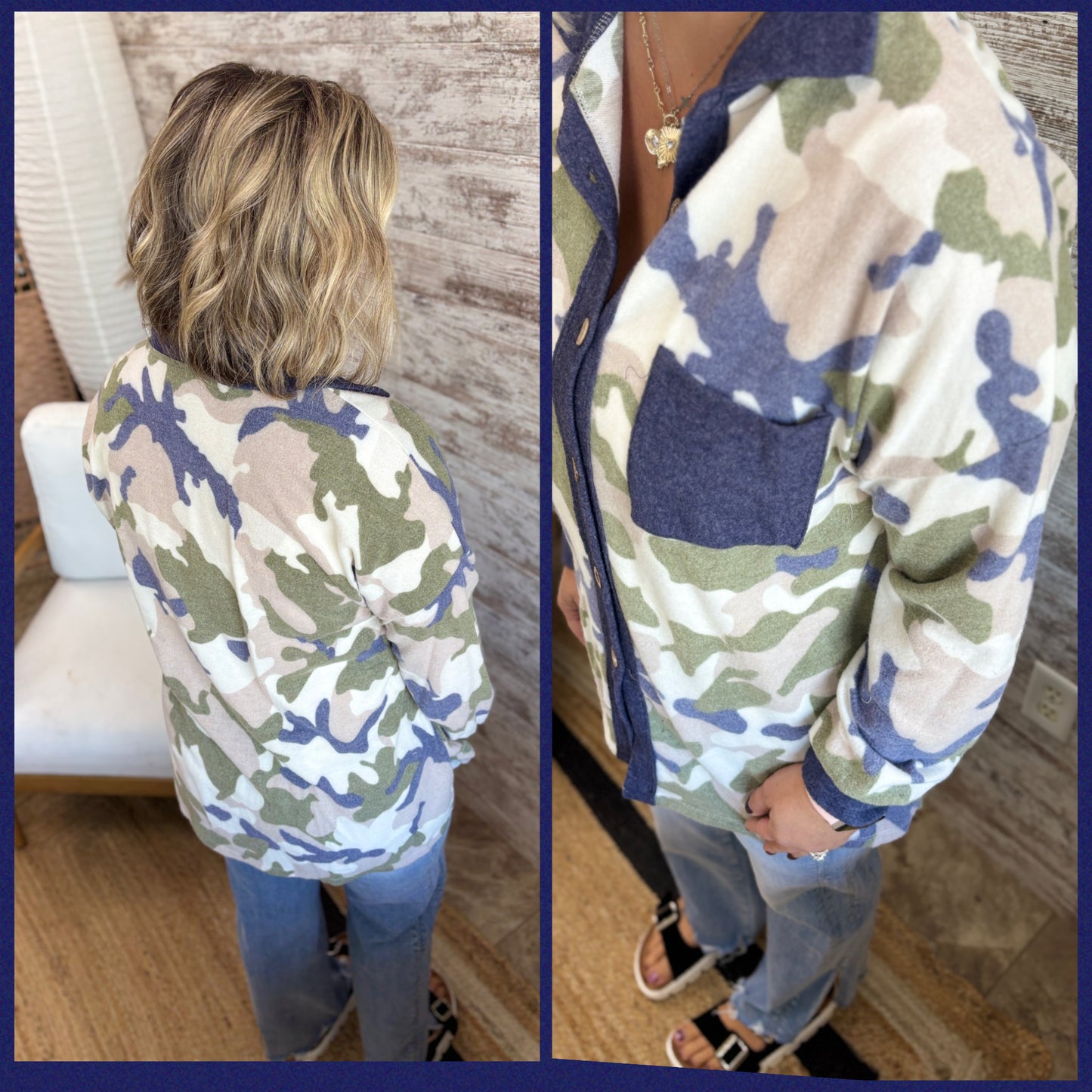 Taupe/Navy Brushed Camo Button Down