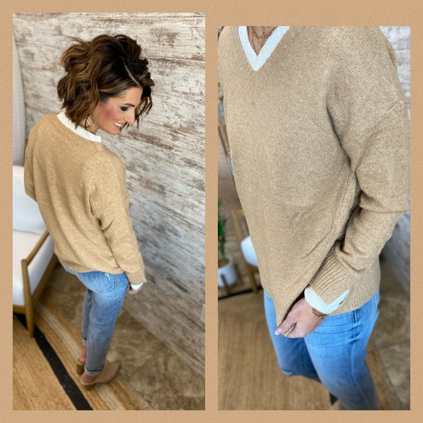 Camel and Ivory Color Contrast Sweater