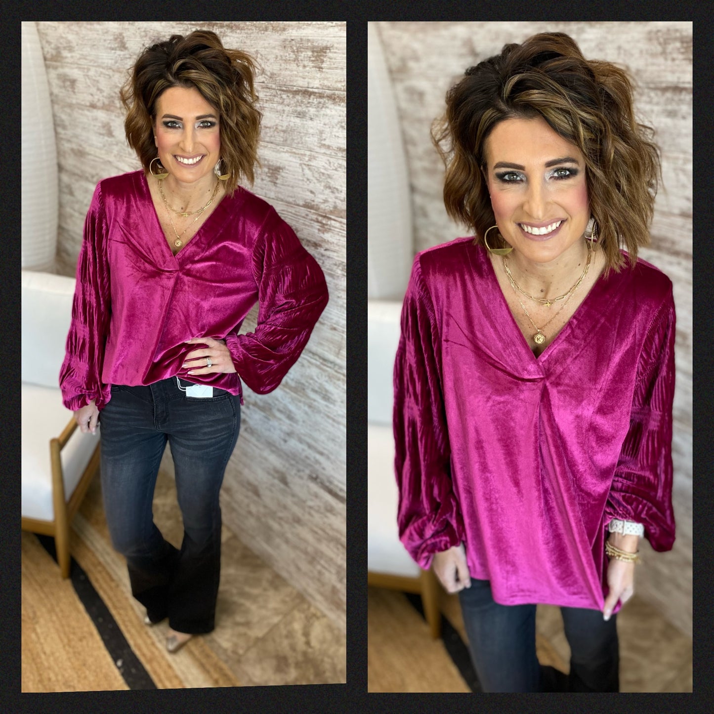 Magenta Velvet V Neck Puff Sleeve Knit Top