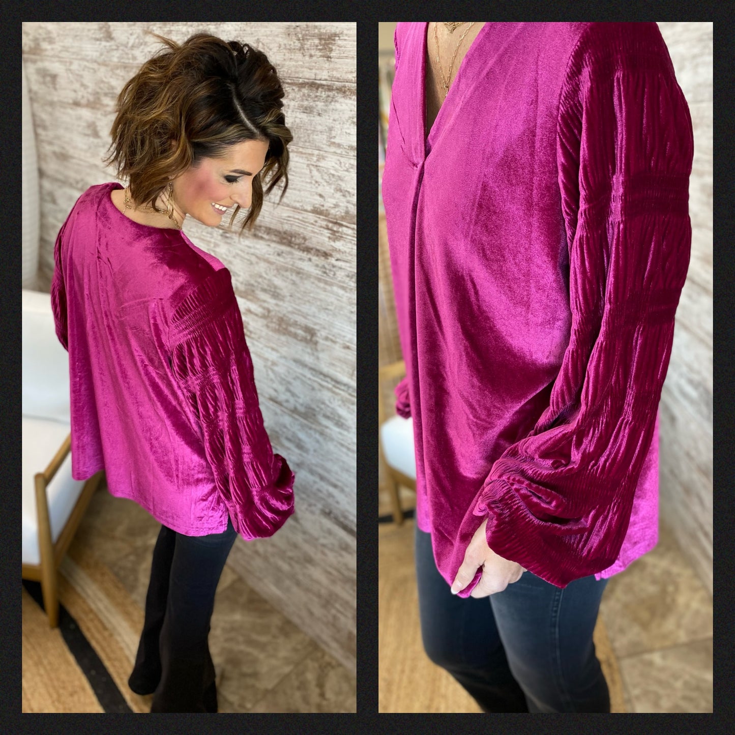 Magenta Velvet V Neck Puff Sleeve Knit Top