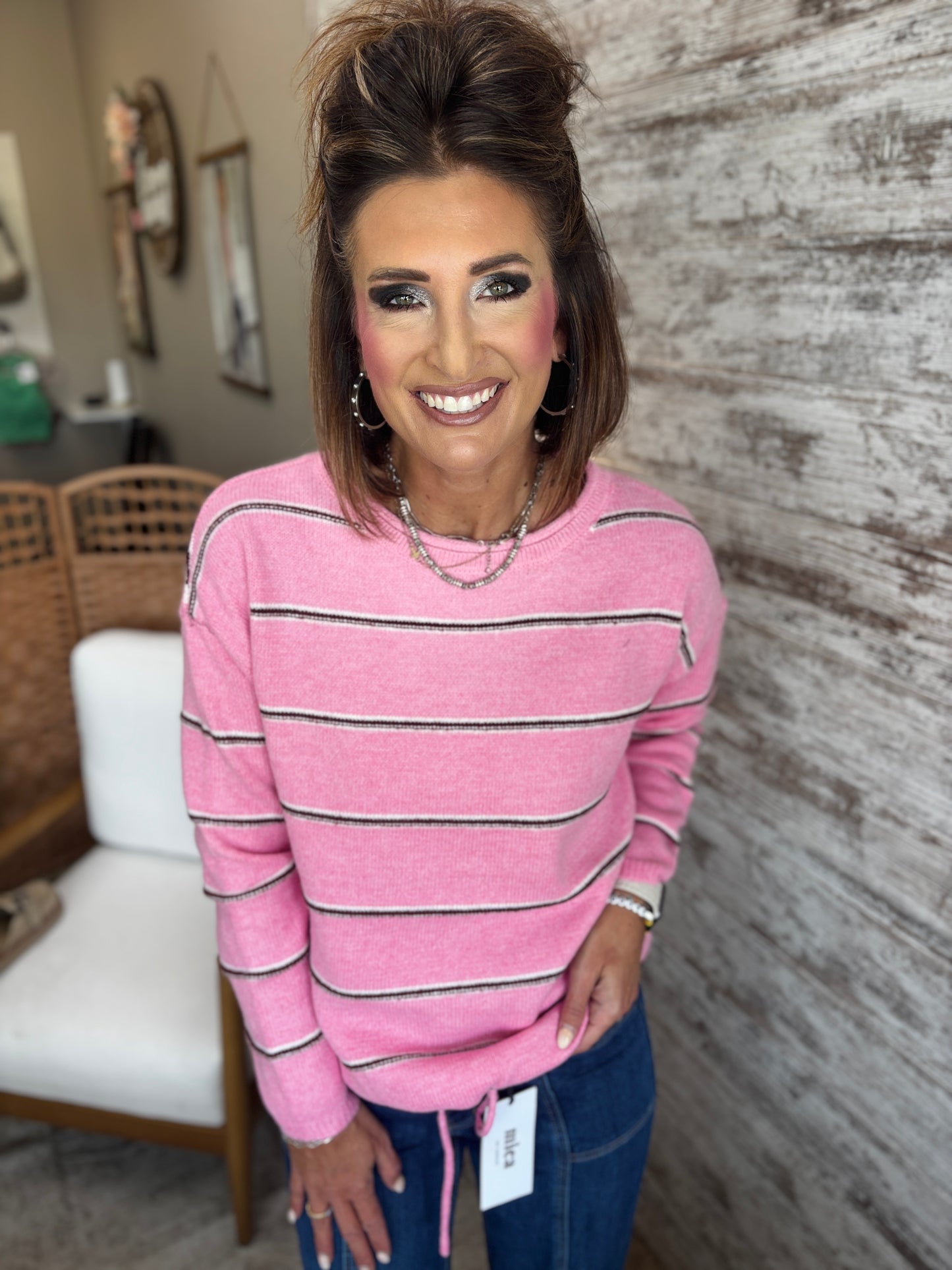 Pink Striped Drawstring Sweater