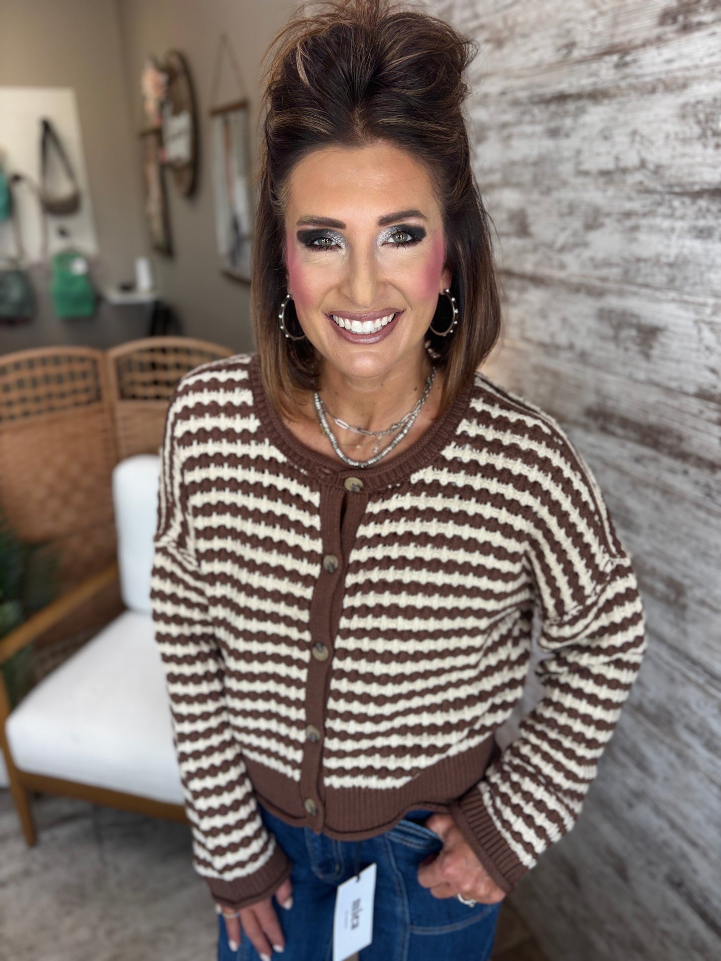 Brown Textured Stripe Crochet Knit Button Down Cardigan