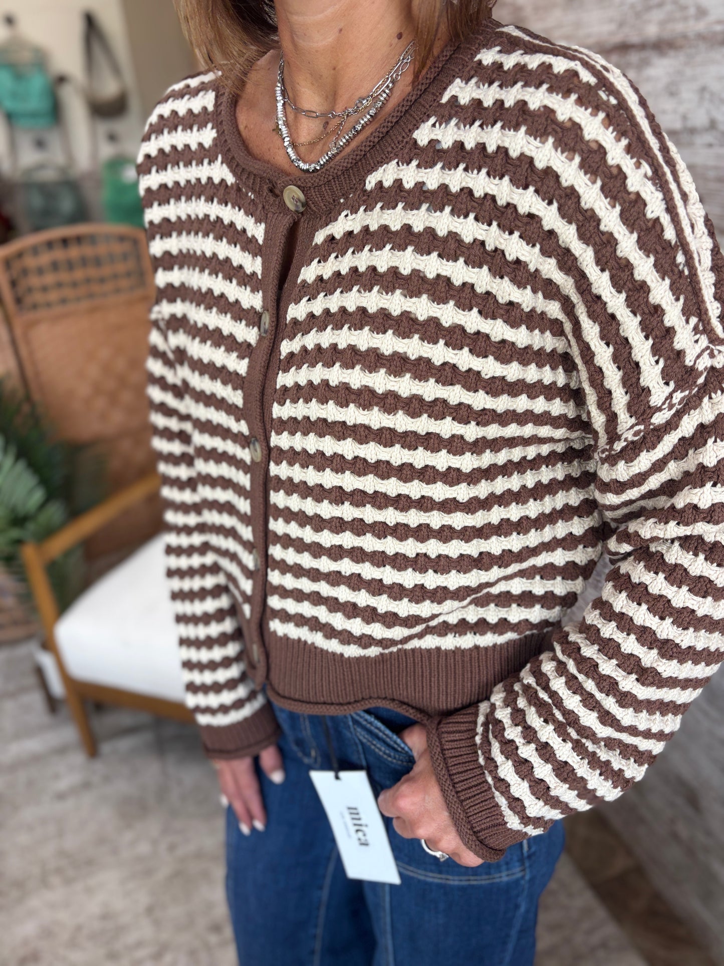 Brown Textured Stripe Crochet Knit Button Down Cardigan