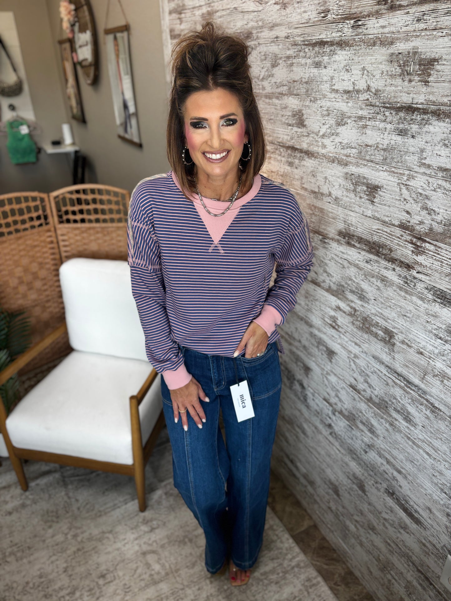 Pink and Blue Striped Terry Pullover