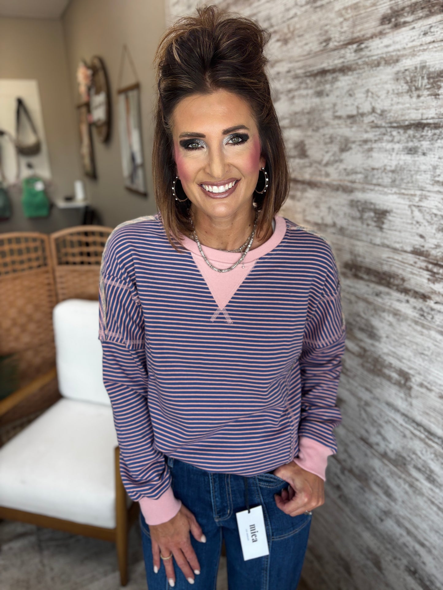 Pink and Blue Striped Terry Pullover