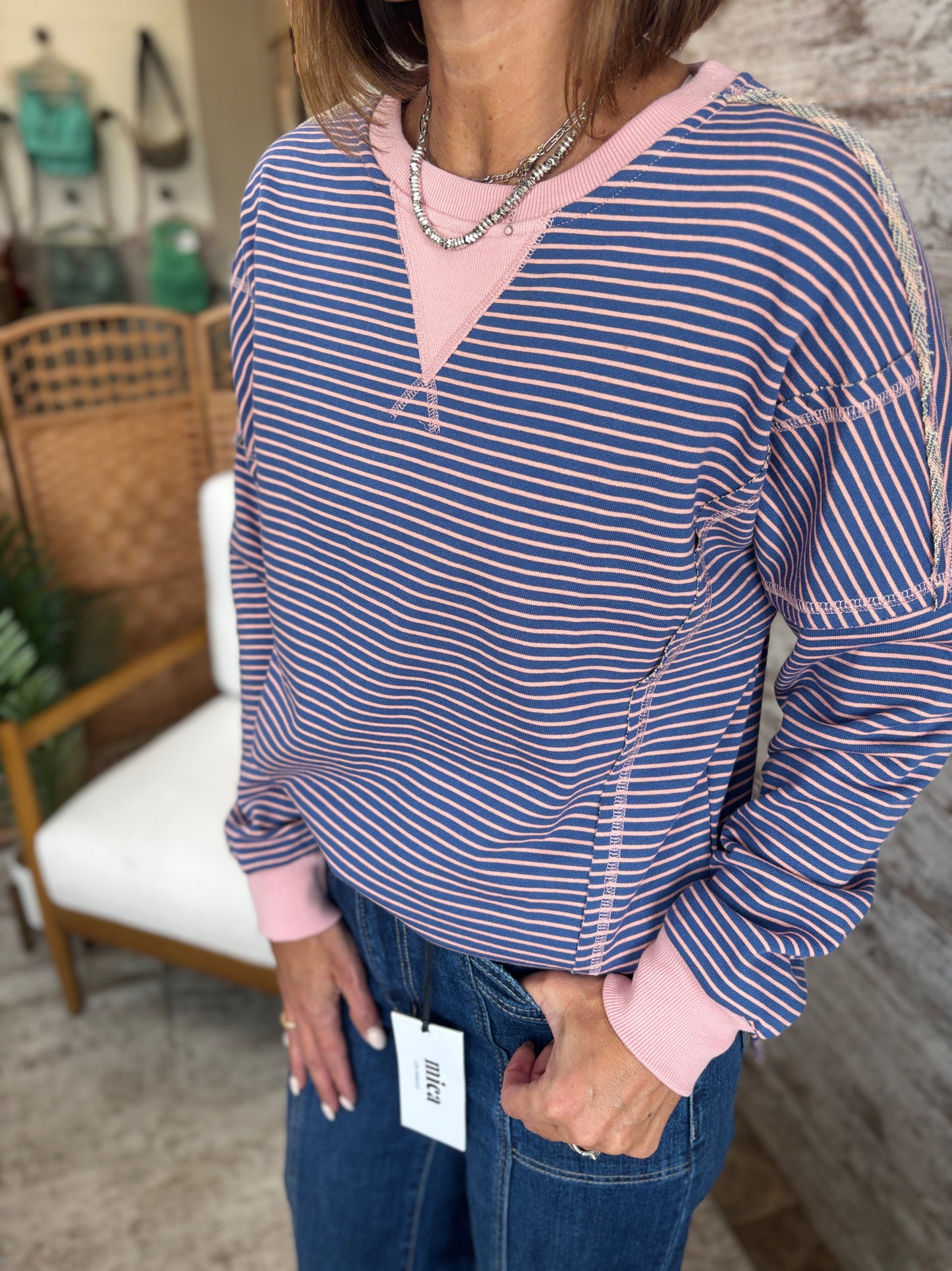 Pink and Blue Striped Terry Pullover