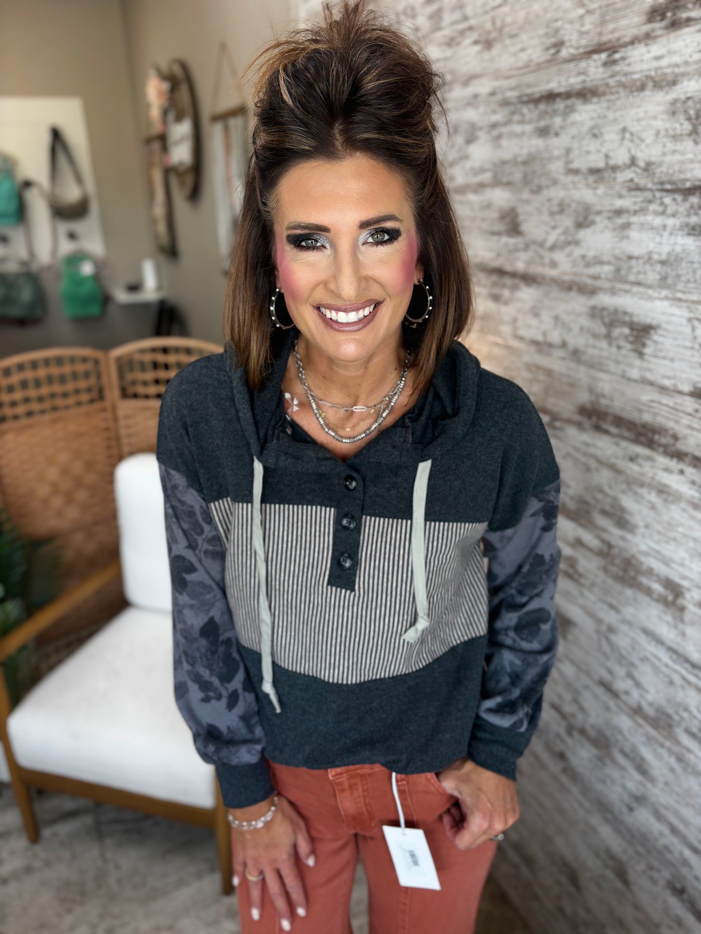 Charcoal Striped/Floral Hoodie