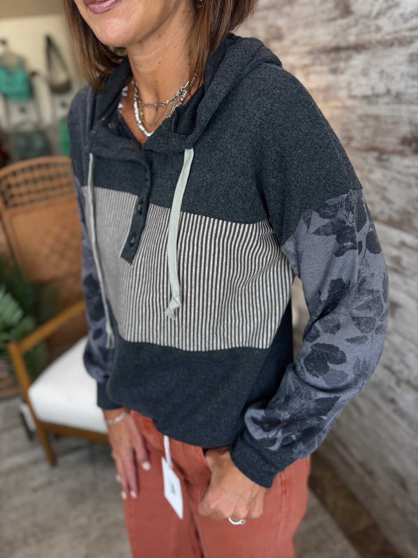Charcoal Striped/Floral Hoodie