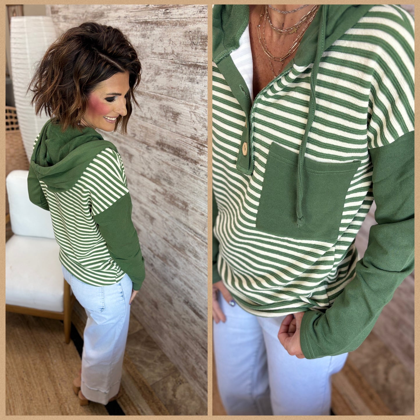 Olive Half Button Striped Henley with Hood