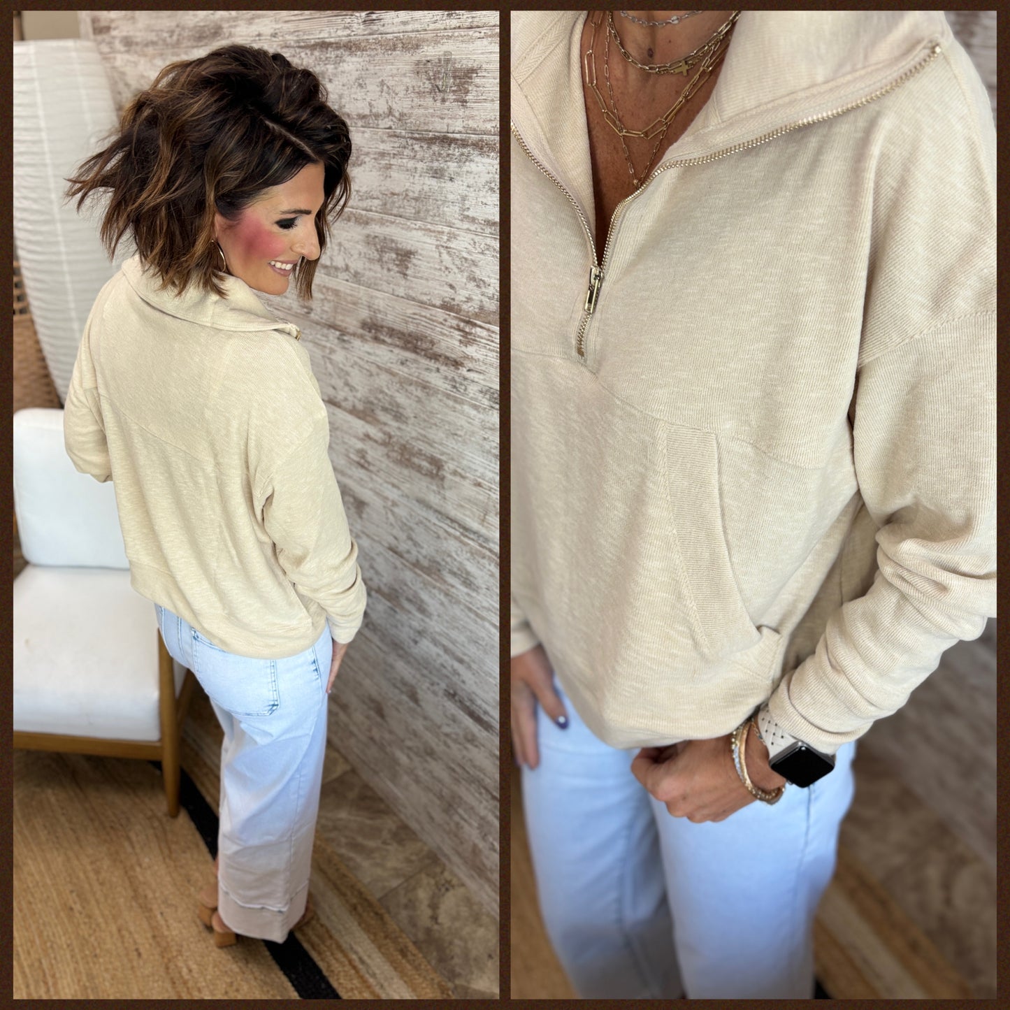 Beige Half Zip Soft Collared Top