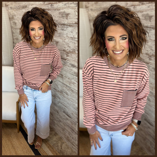 Pink Mixed Stripe Crew with Pocket