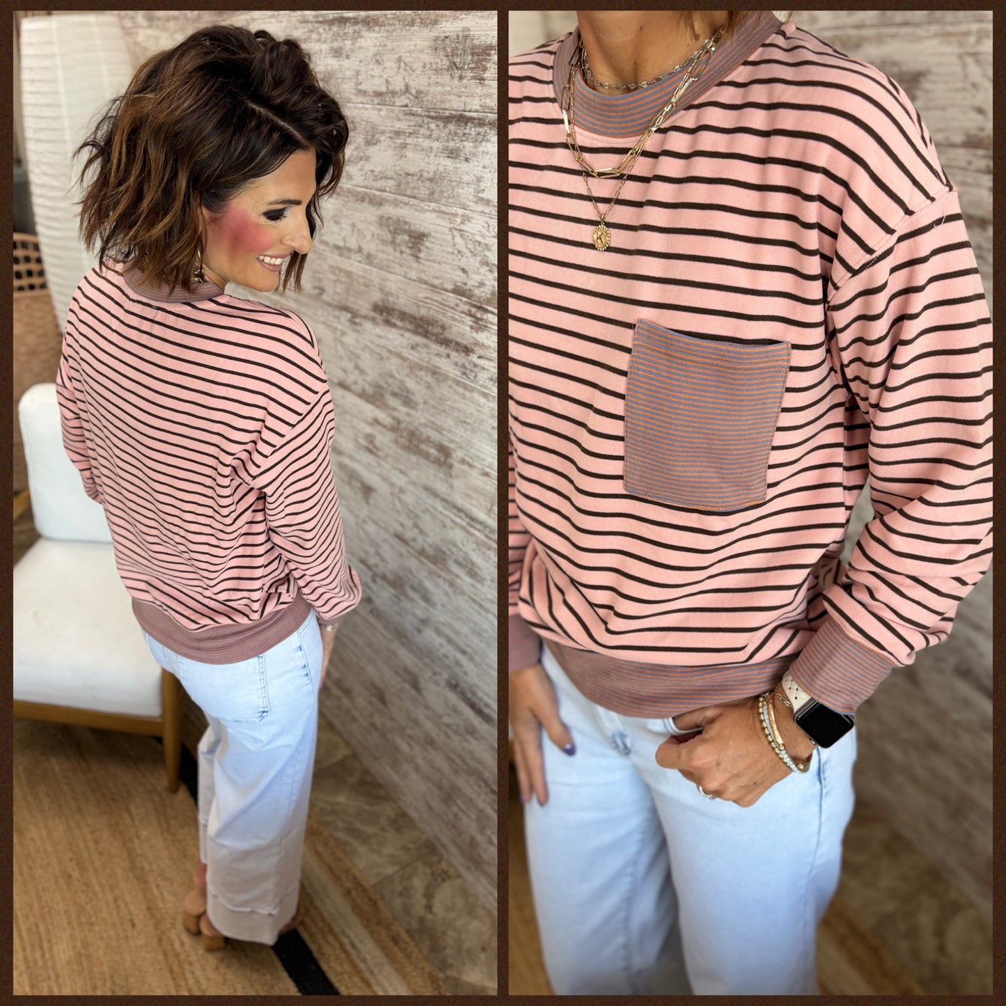 Pink Mixed Stripe Crew with Pocket