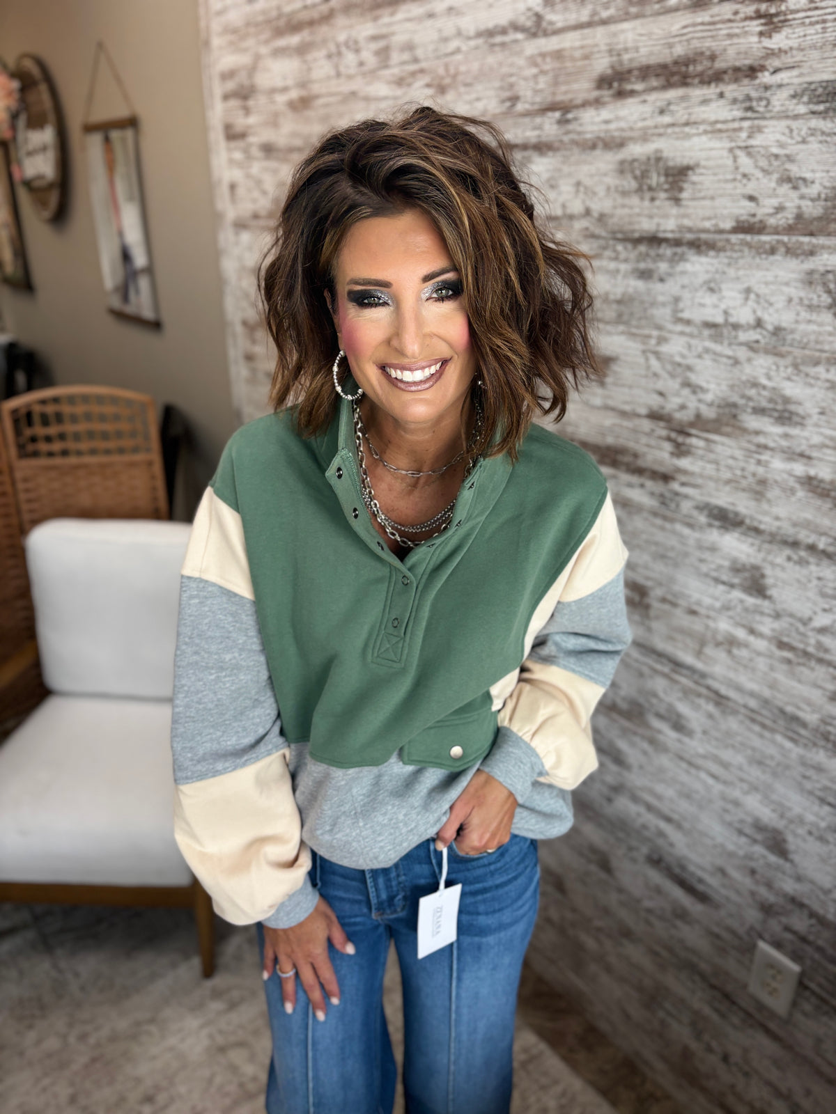 Sage Colorblock Half Snap Top