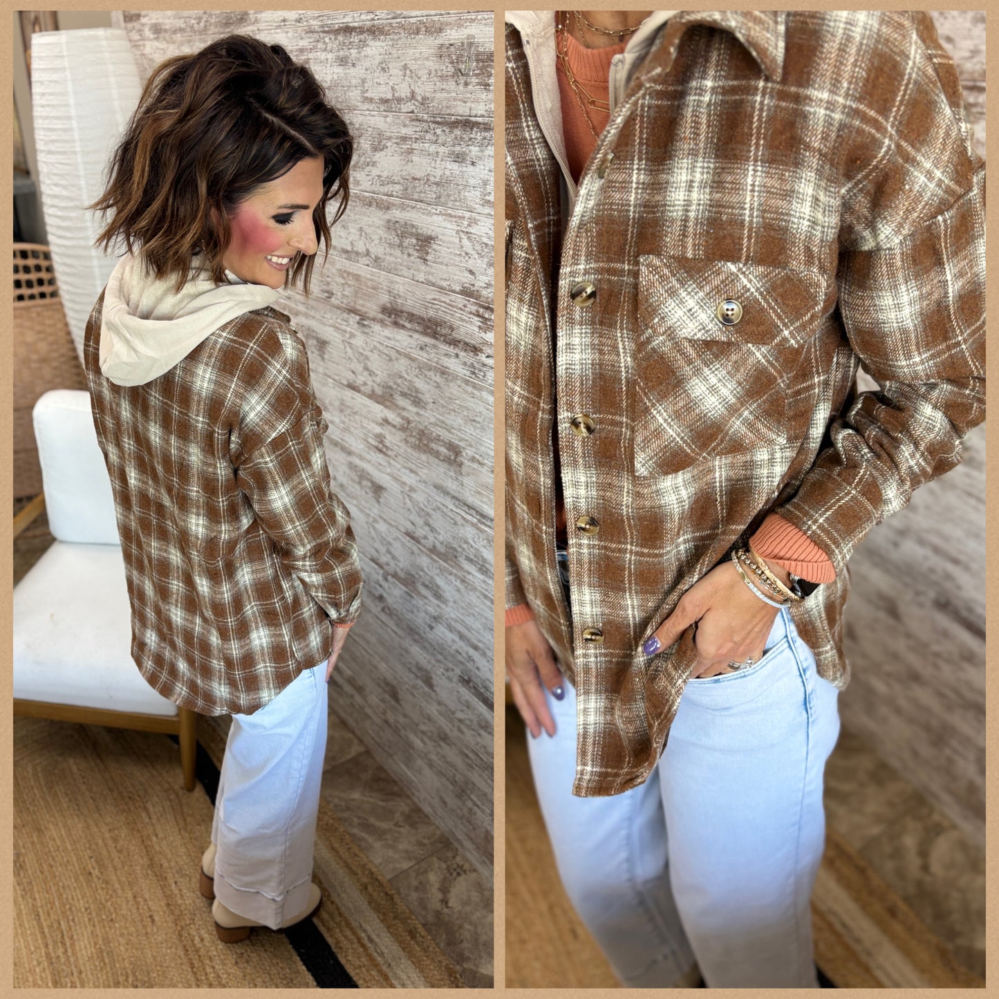Mocha Twofer Plaid Shacket with Zipper