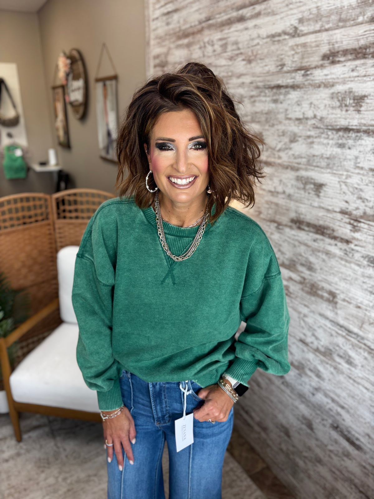 Hunter Green Acid Wash Pullover