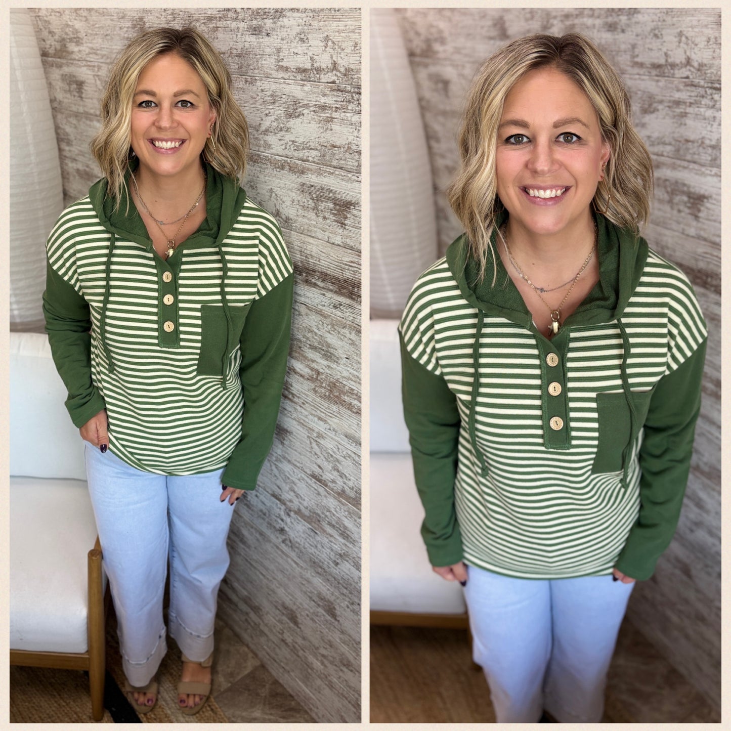 Olive Half Button Striped Henley with Hood