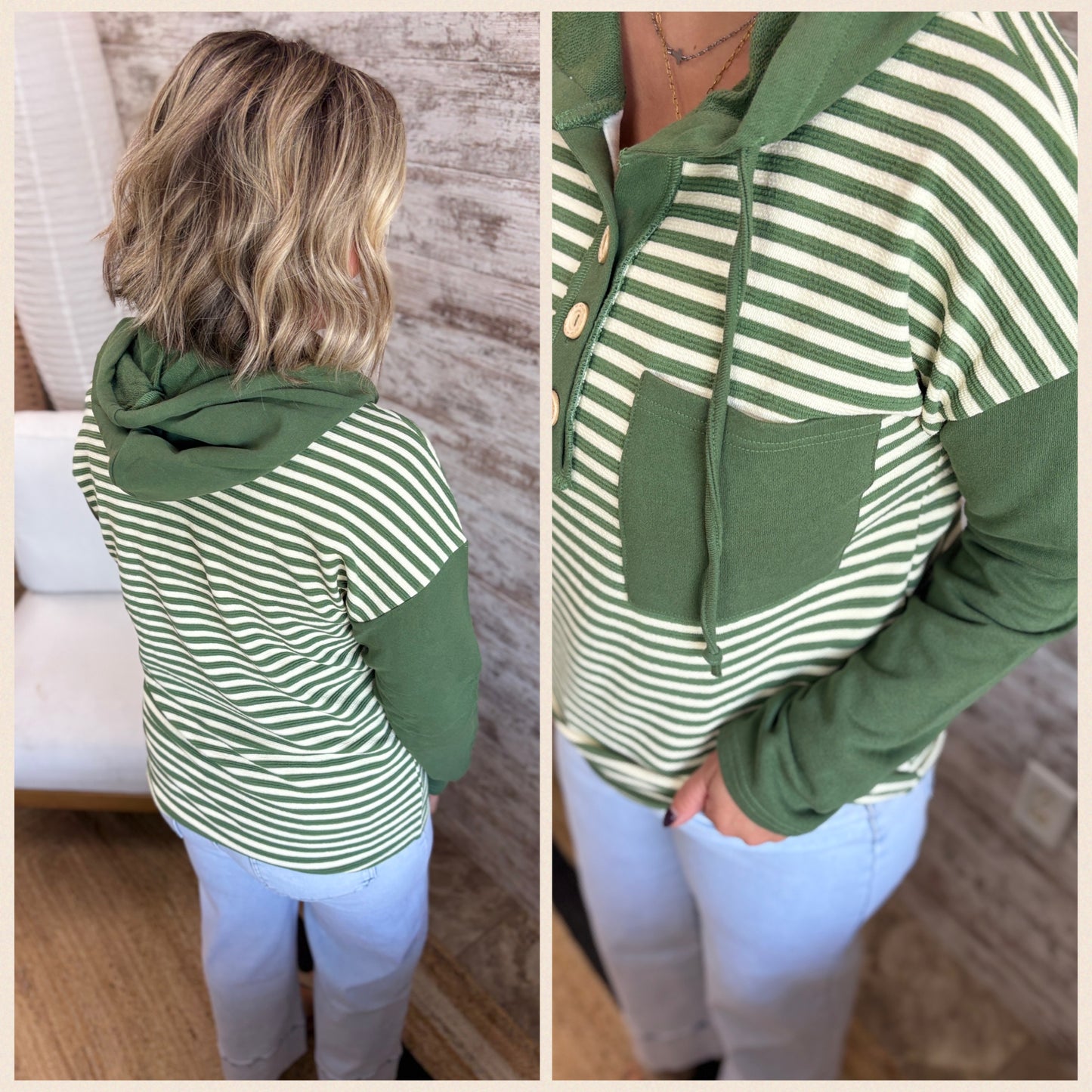 Olive Half Button Striped Henley with Hood
