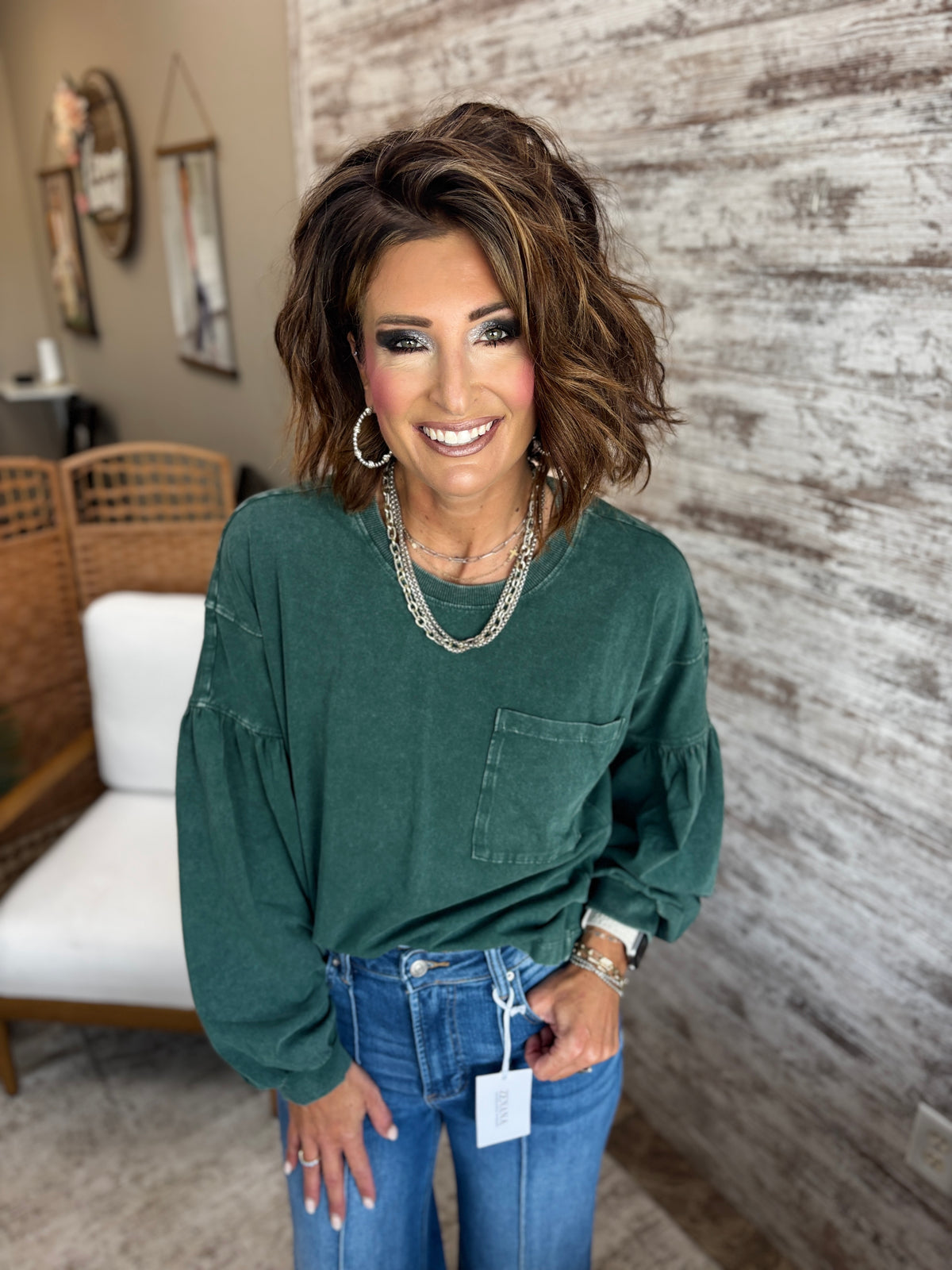 Dark Green Relaxed Puff Sleeve Top