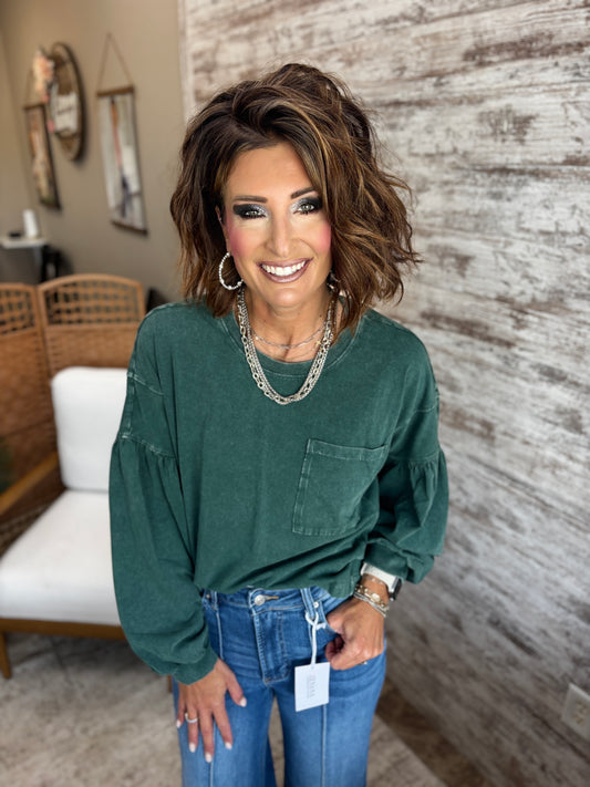 Dark Green Relaxed Puff Sleeve Top