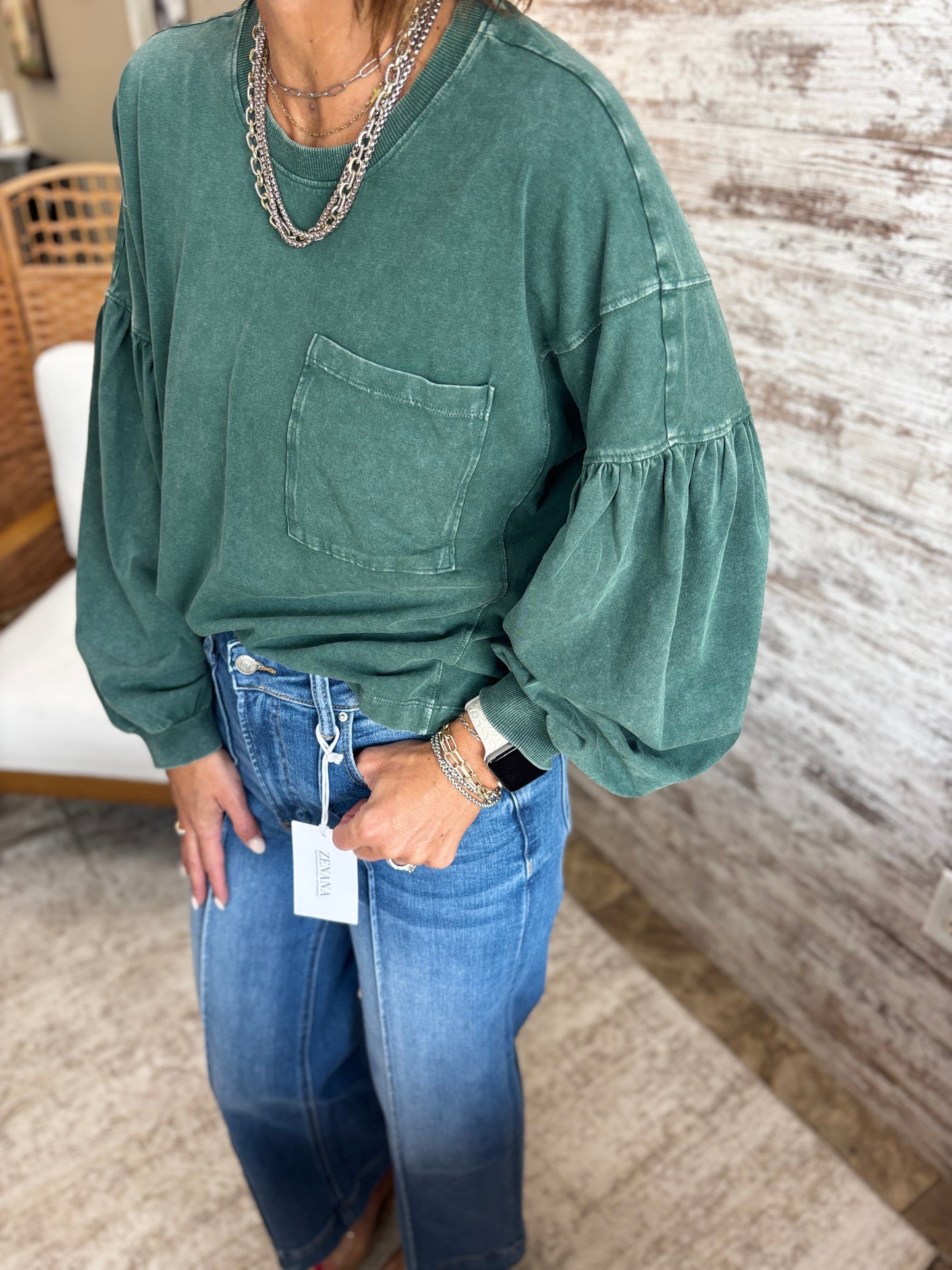 Dark Green Relaxed Puff Sleeve Top