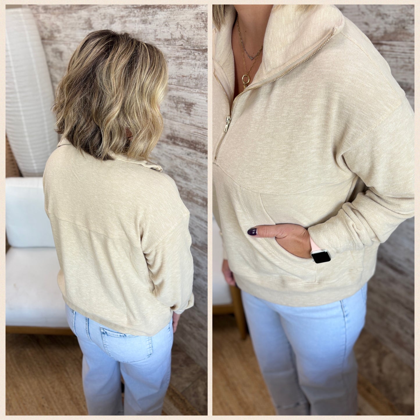 Beige Half Zip Soft Collared Top
