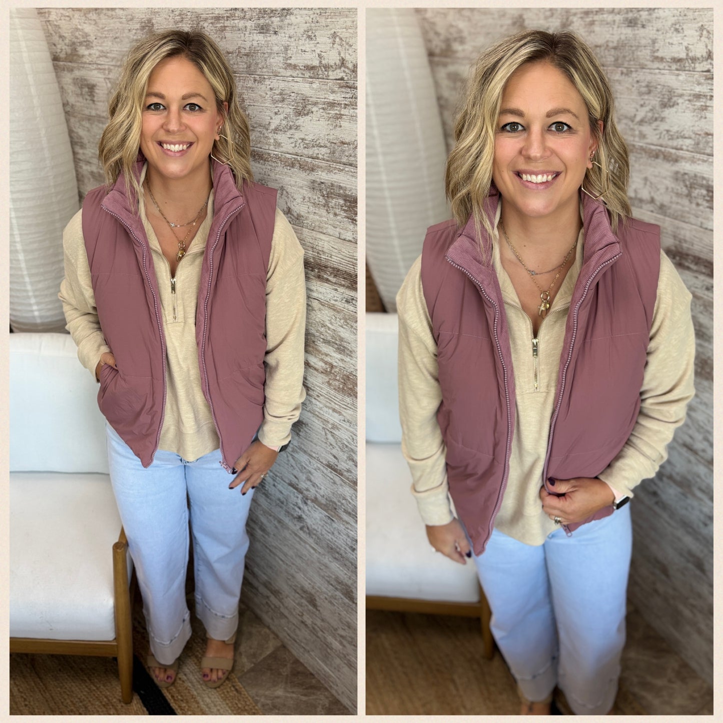 Rose Corduroy and Puffer Reversible Vest