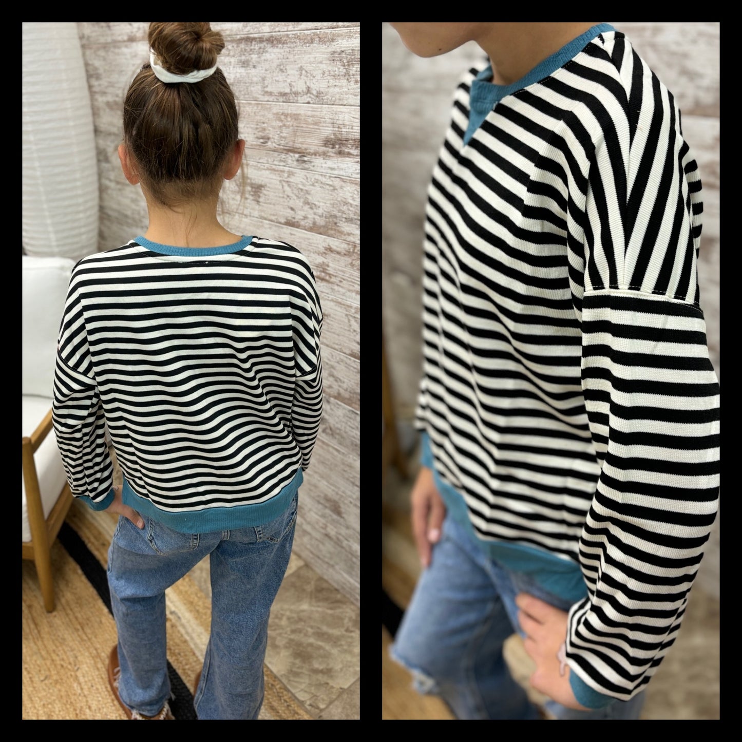 Girls Black/Teal Stripe Knit Top