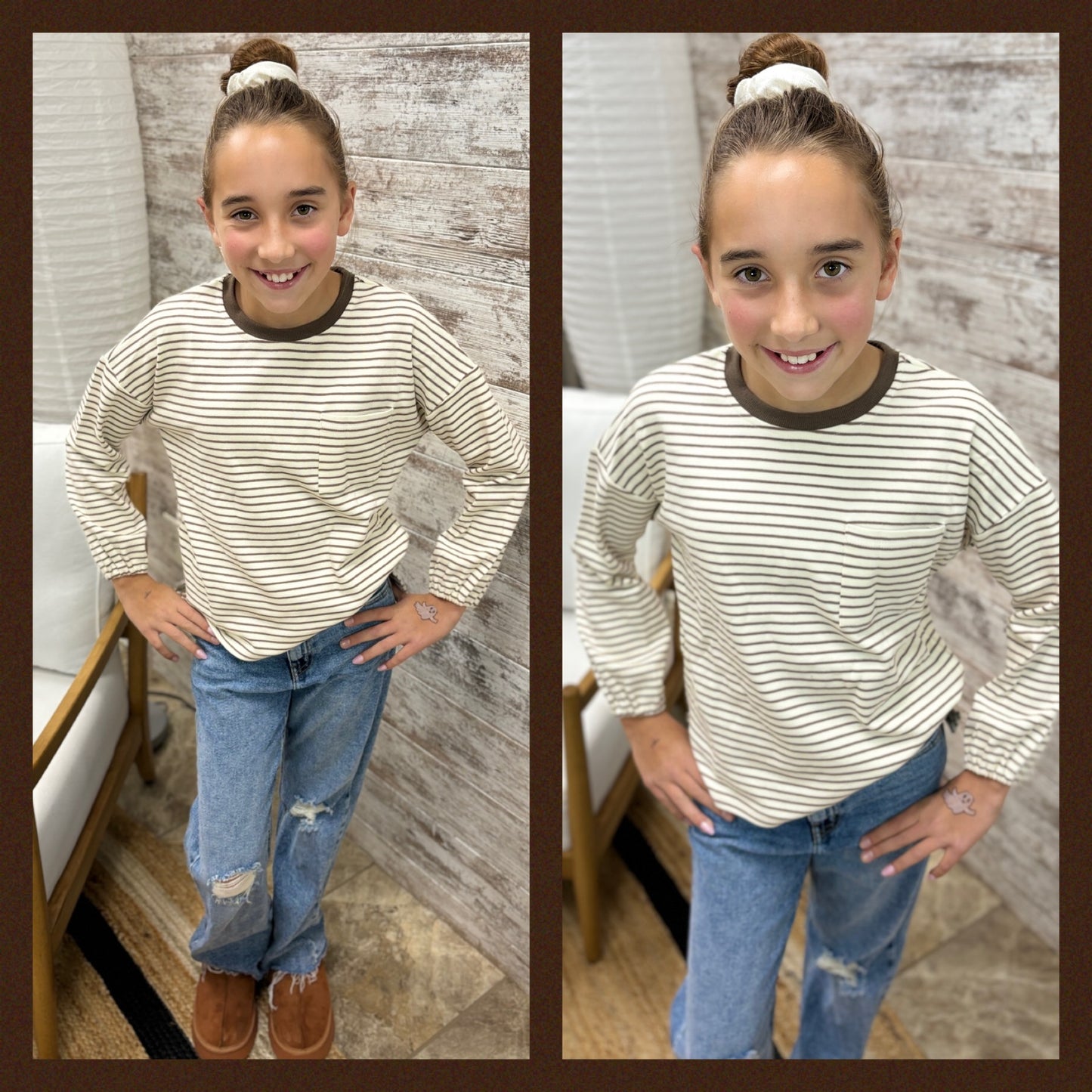 Girls Taupe Brushed Striped Crew Neck