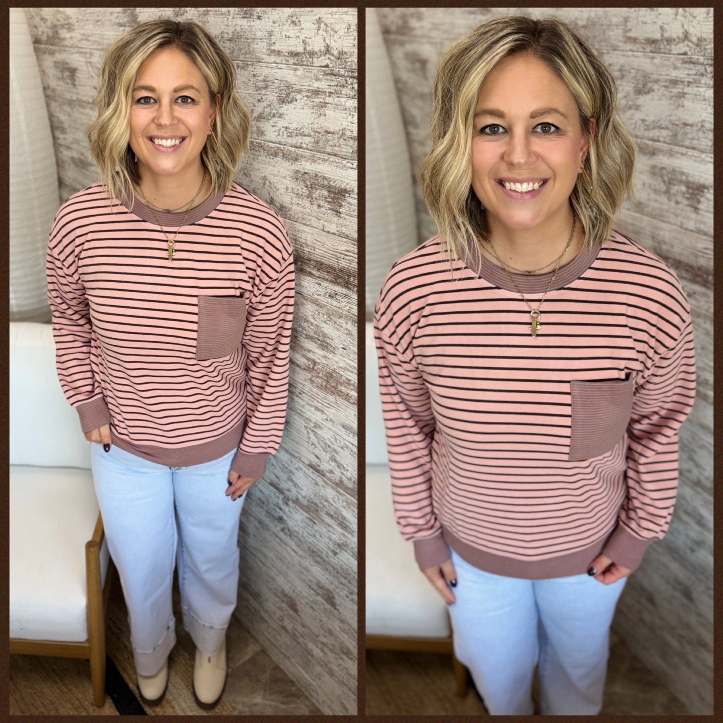 Pink Mixed Stripe Crew with Pocket