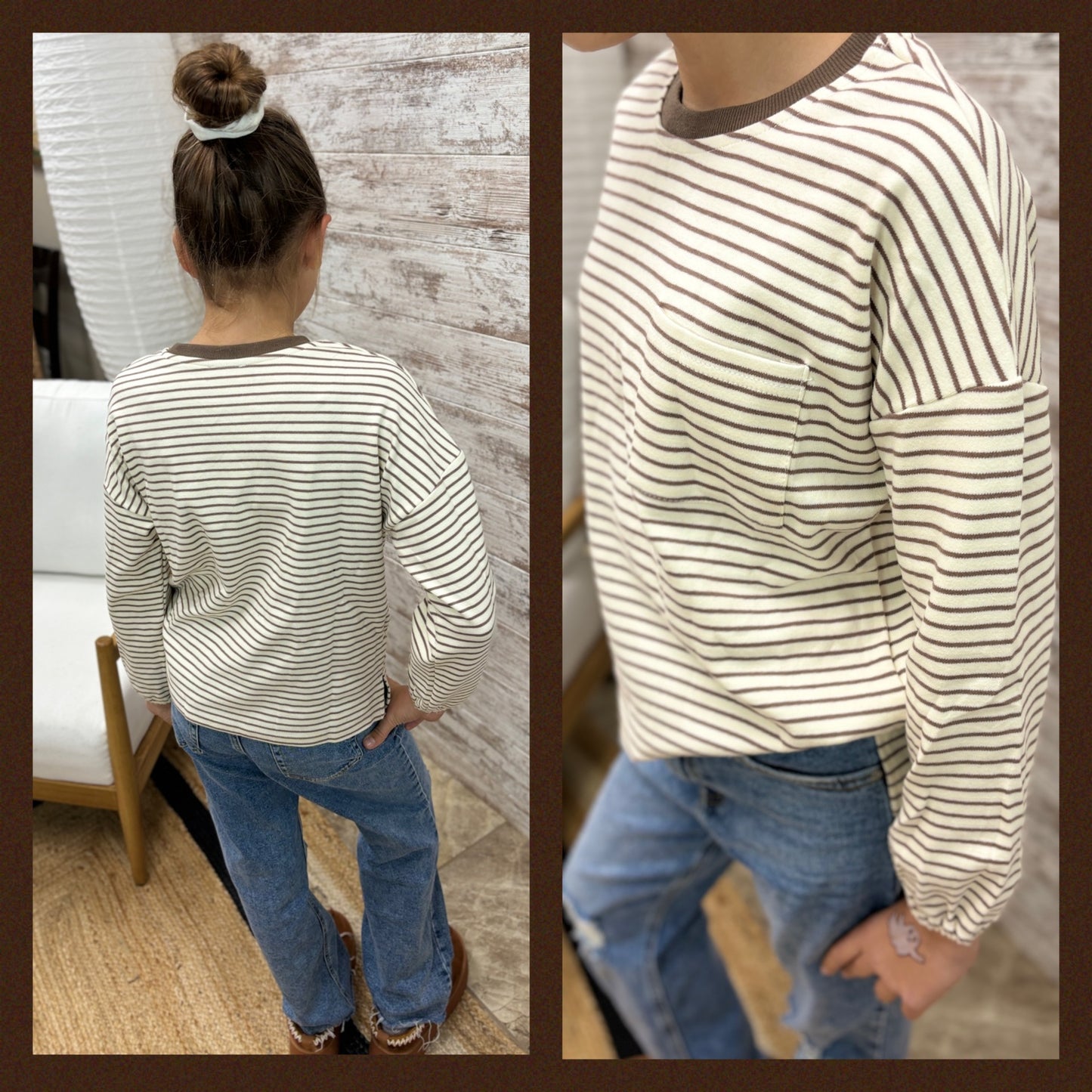 Girls Taupe Brushed Striped Crew Neck