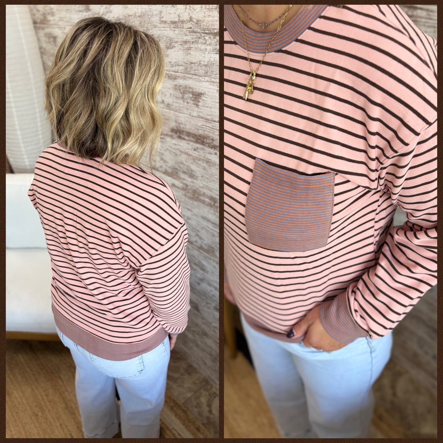 Pink Mixed Stripe Crew with Pocket
