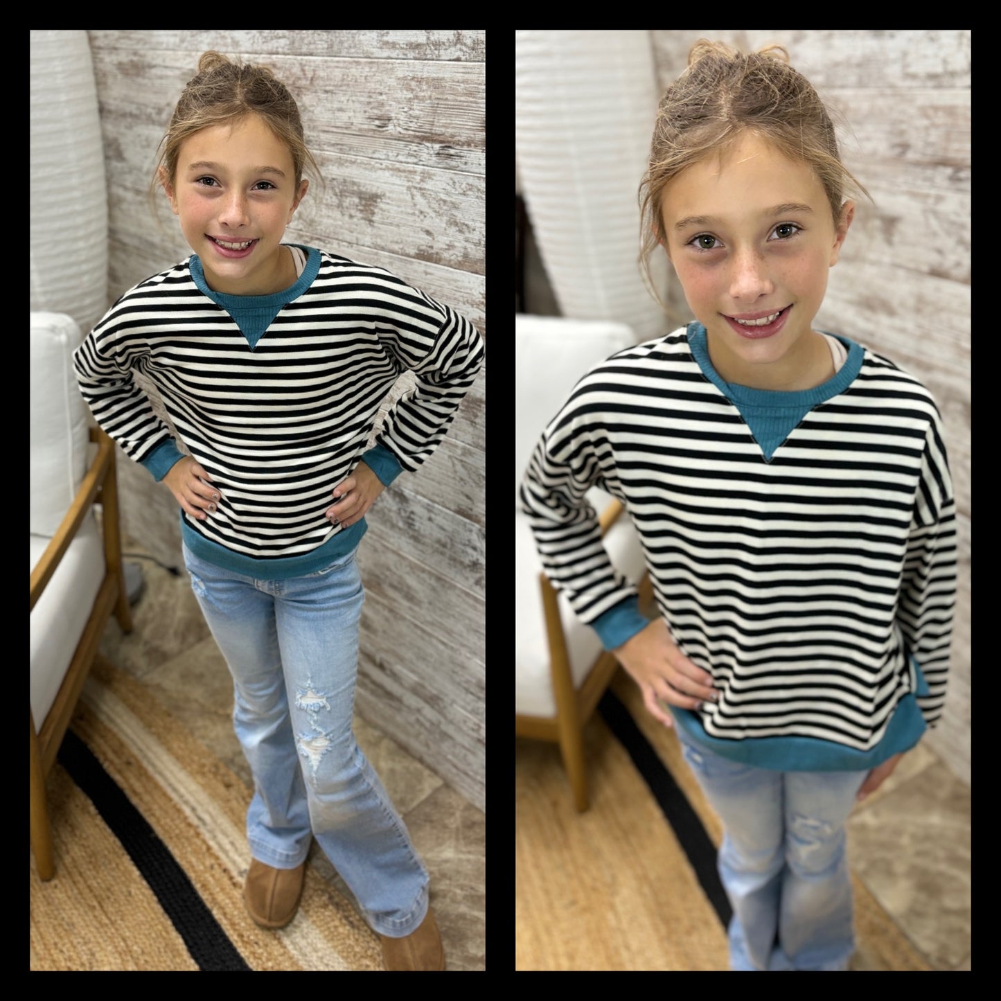 Girls Black/Teal Stripe Knit Top