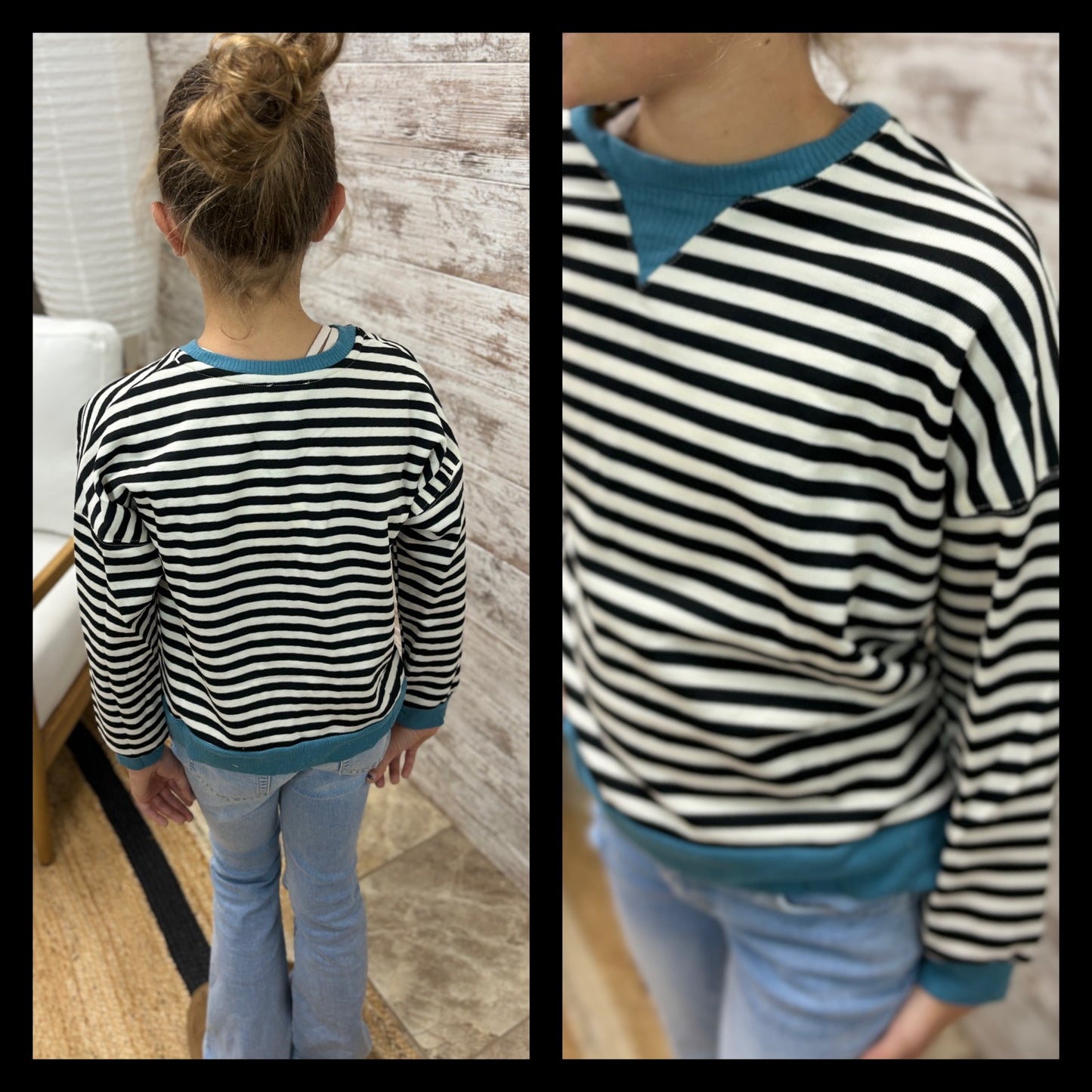 Girls Black/Teal Stripe Knit Top