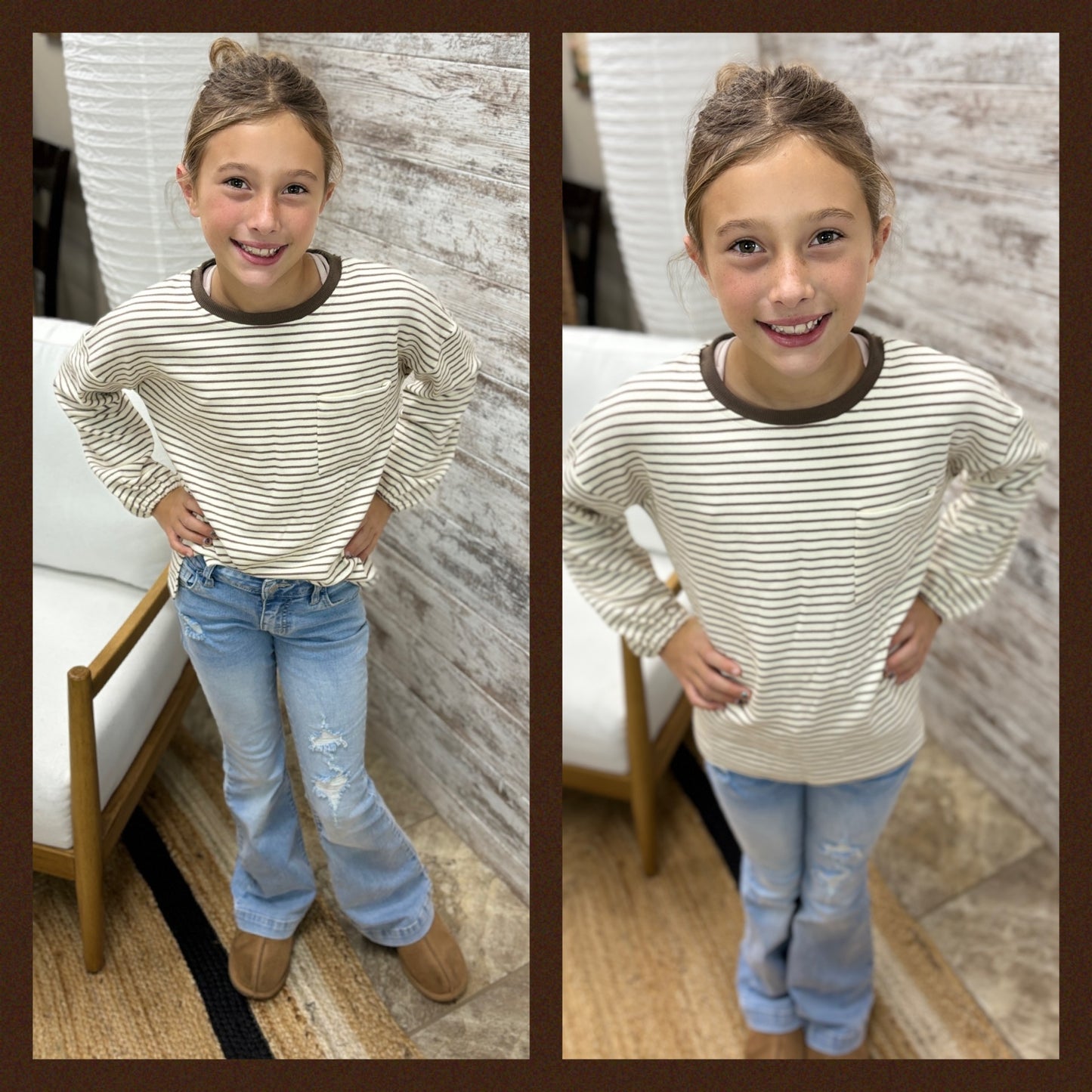 Girls Taupe Brushed Striped Crew Neck