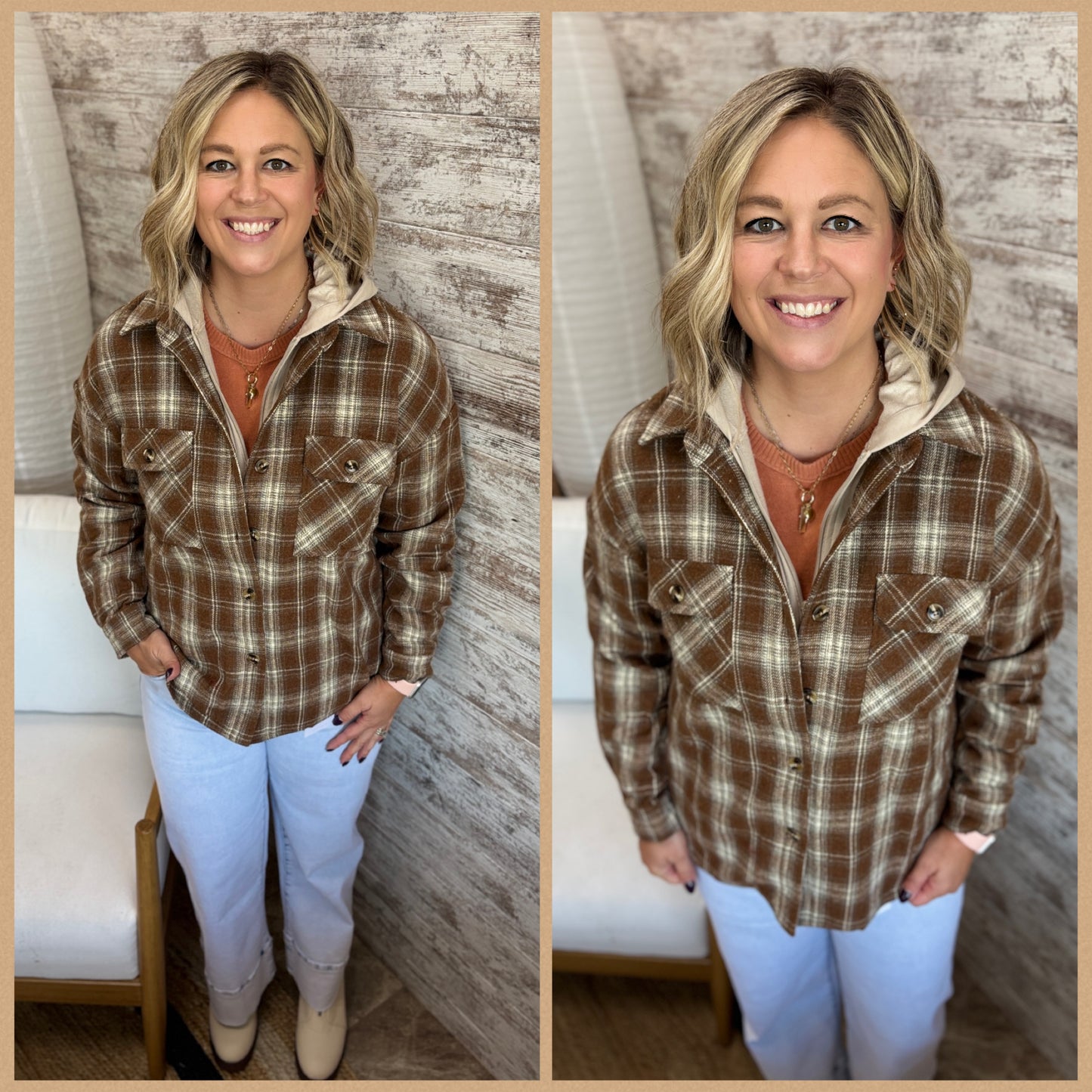 Mocha Twofer Plaid Shacket with Zipper