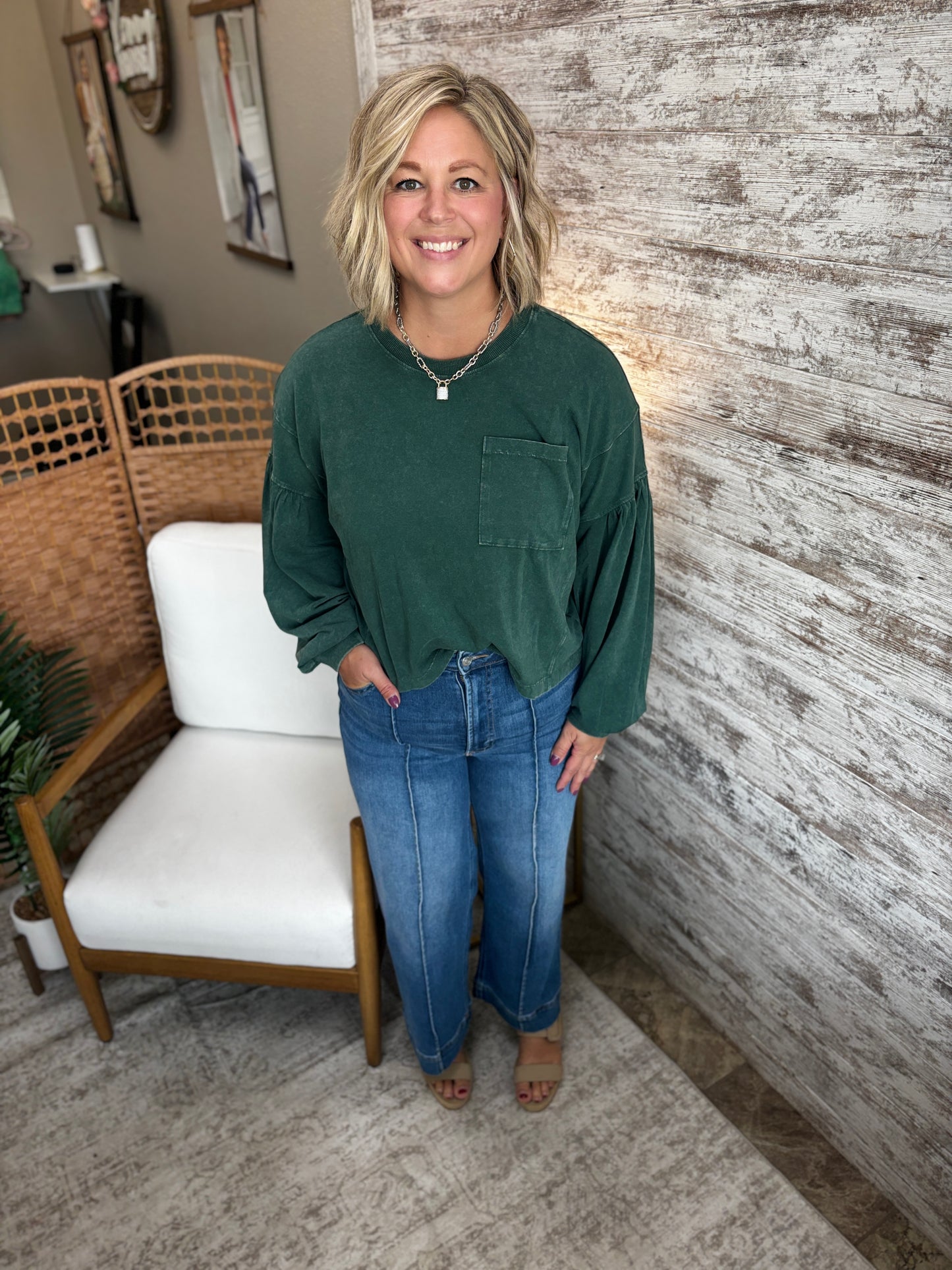 Dark Green Relaxed Puff Sleeve Top
