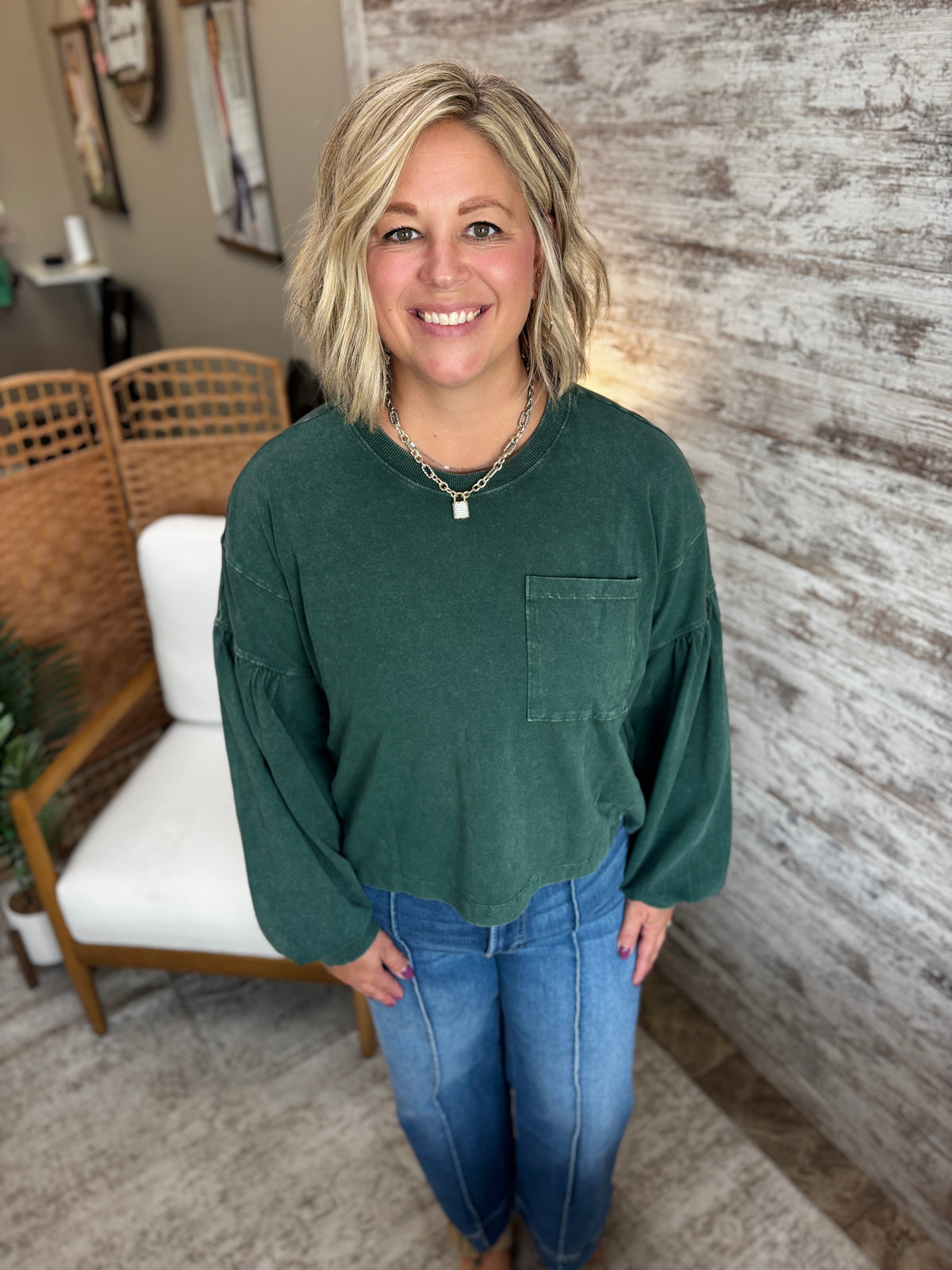 Dark Green Relaxed Puff Sleeve Top