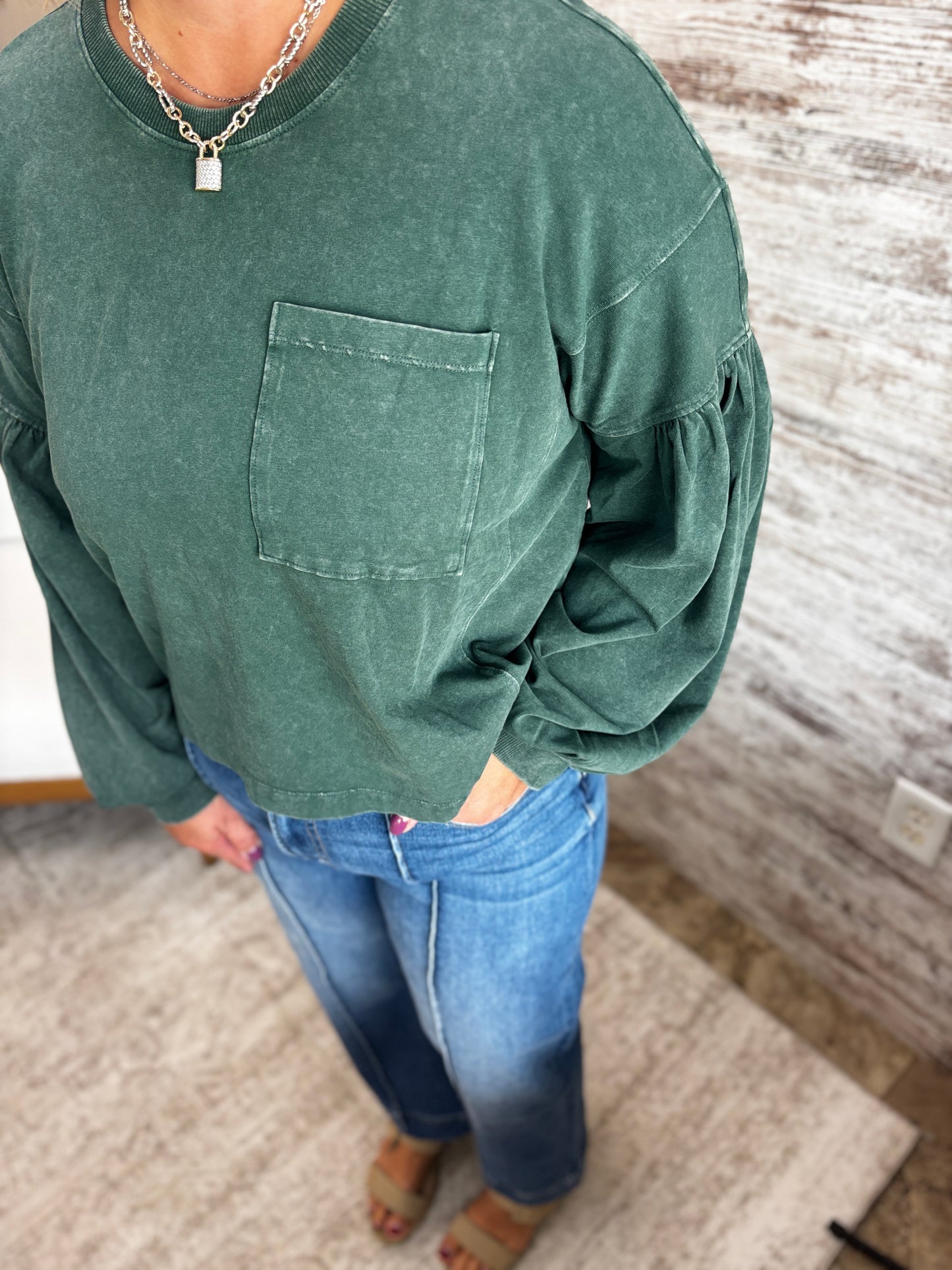 Dark Green Relaxed Puff Sleeve Top