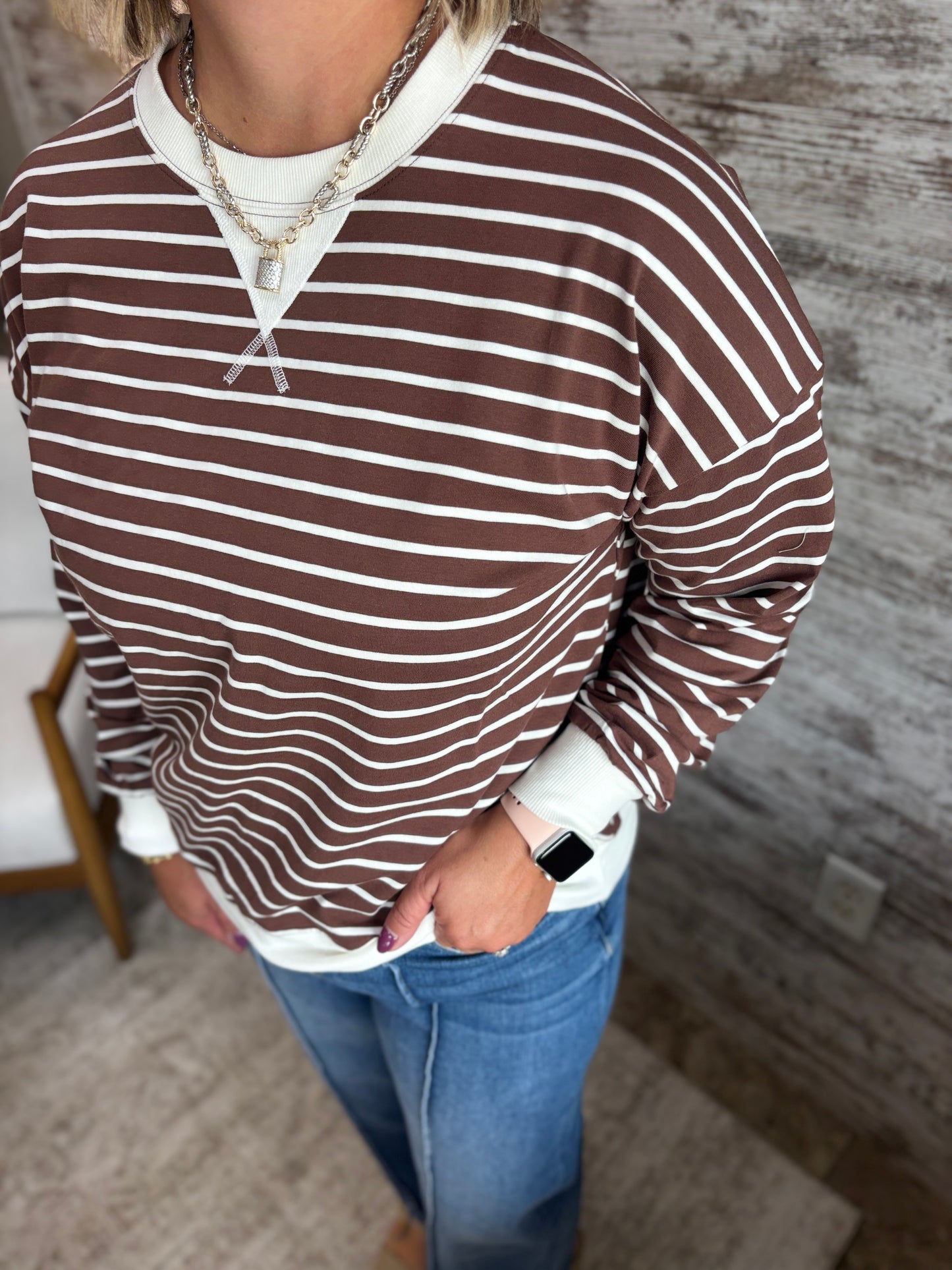Brown Striped Crew Neck