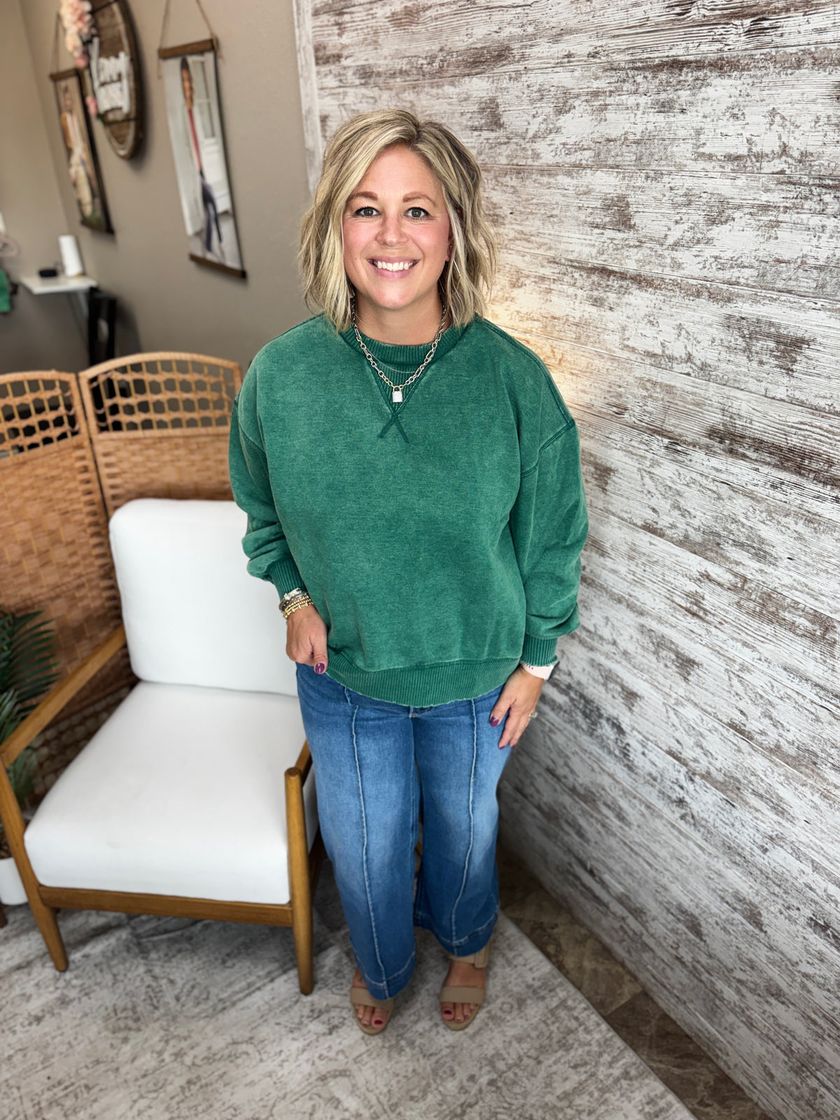 Hunter Green Acid Wash Pullover