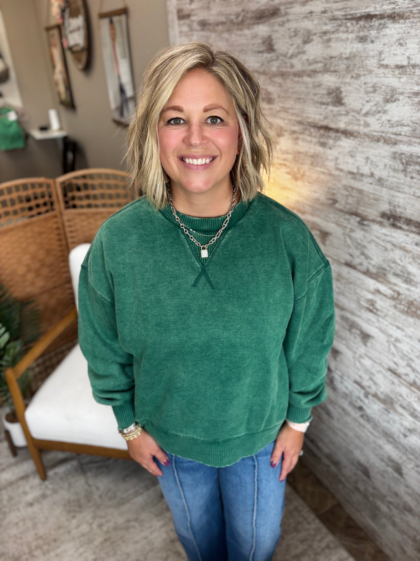 Hunter Green Acid Wash Pullover