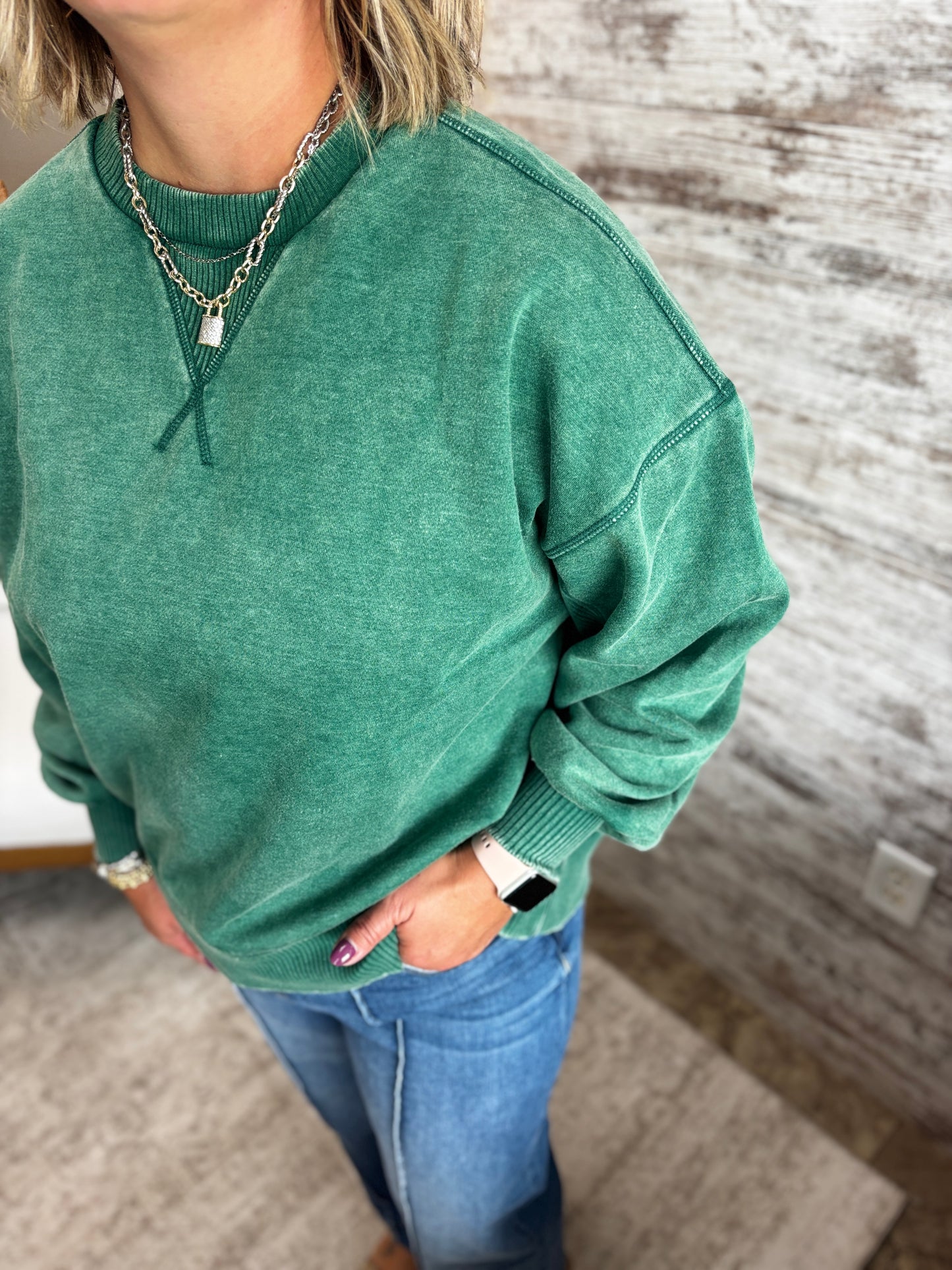 Hunter Green Acid Wash Pullover