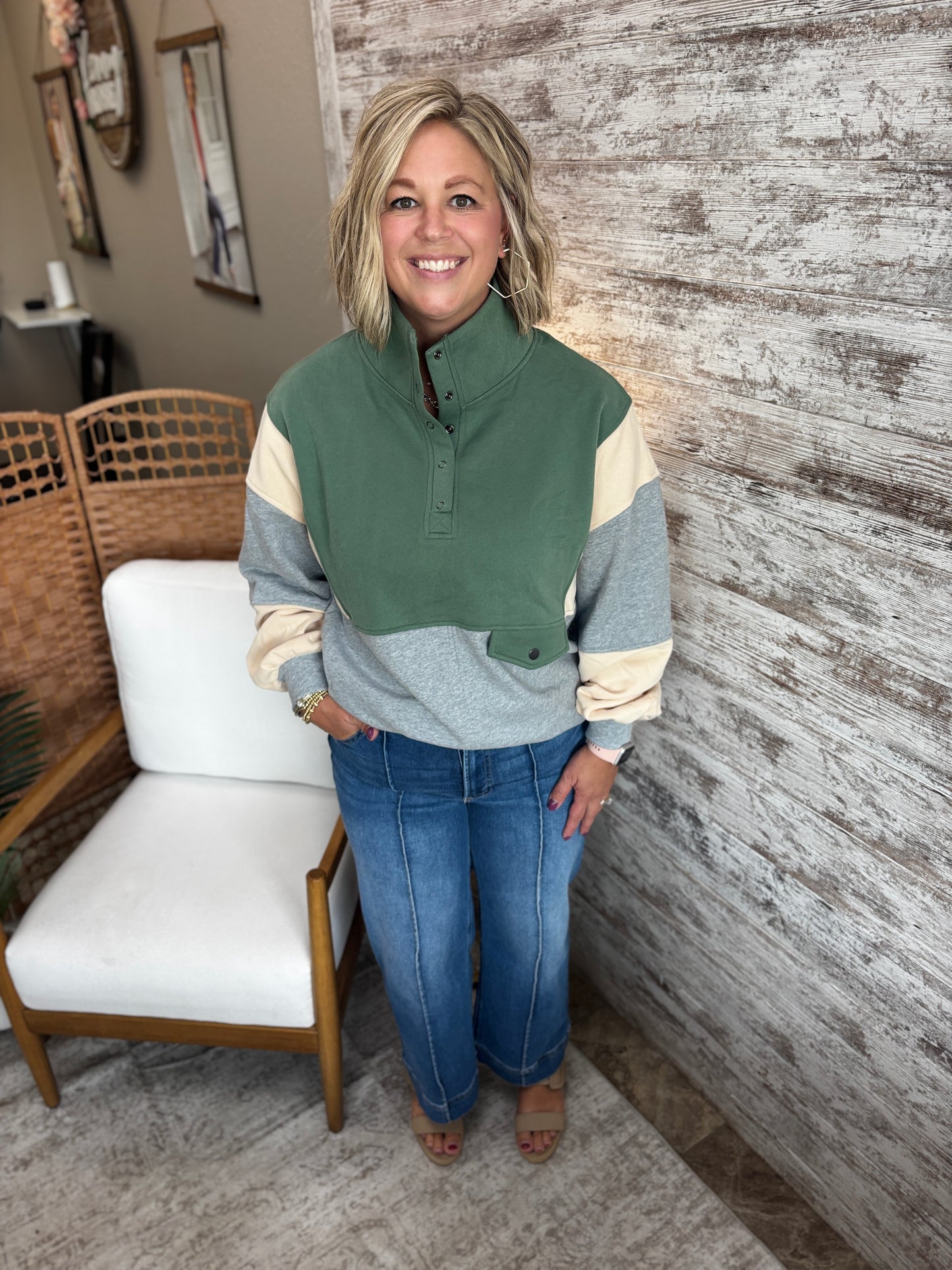 Sage Colorblock Half Snap Top