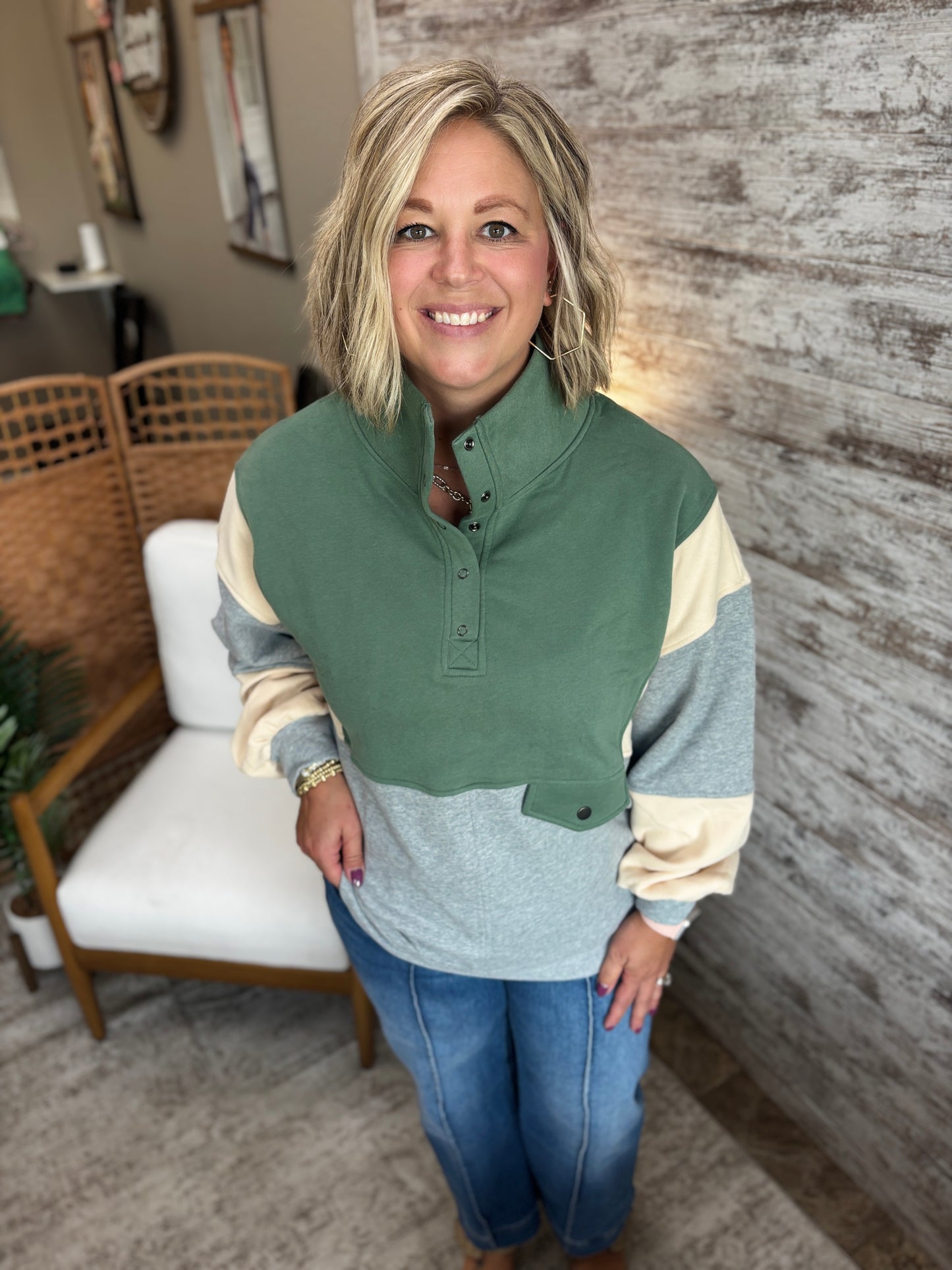 Sage Colorblock Half Snap Top