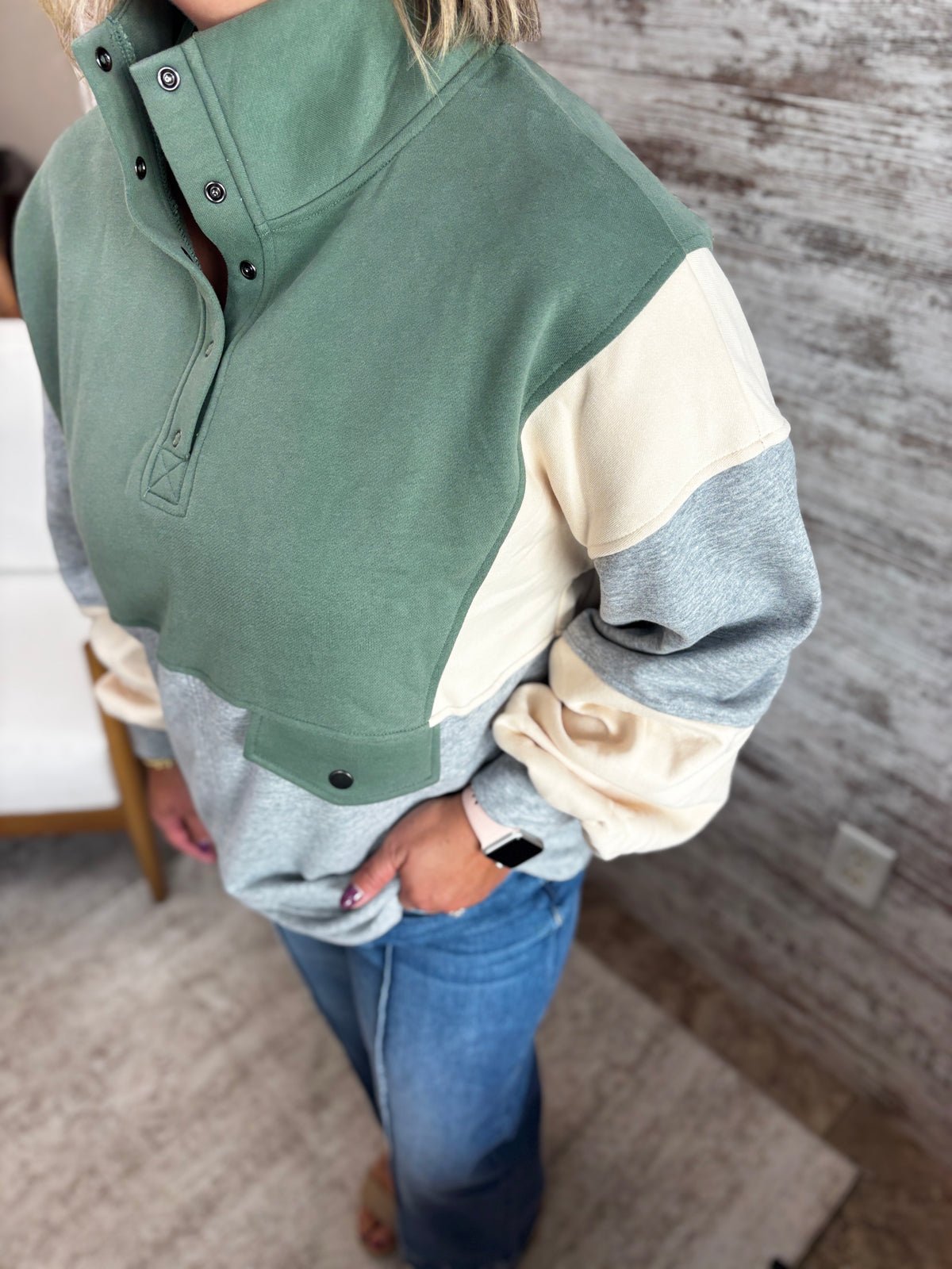 Sage Colorblock Half Snap Top