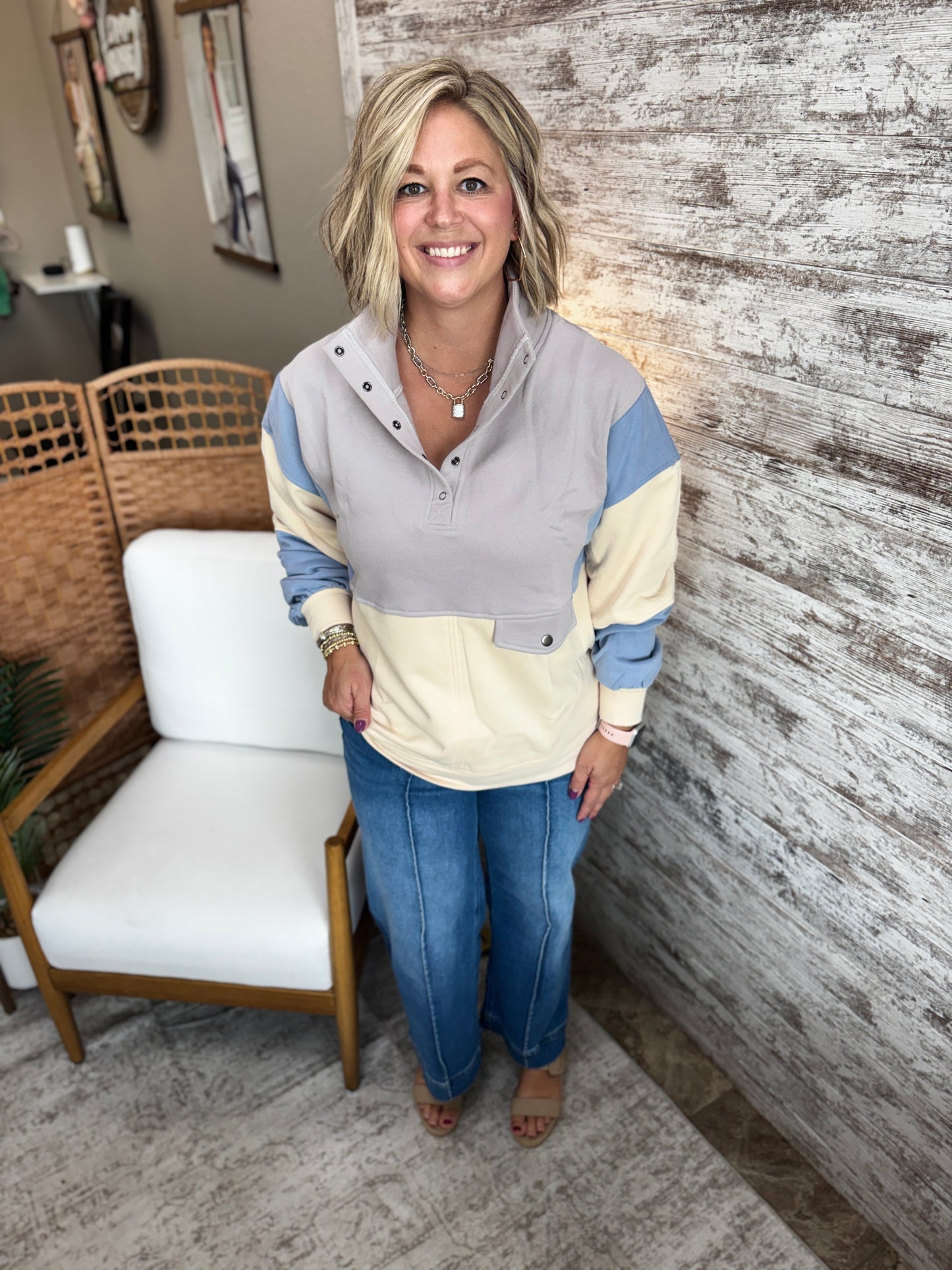 Grey Colorblock Half Snap Top