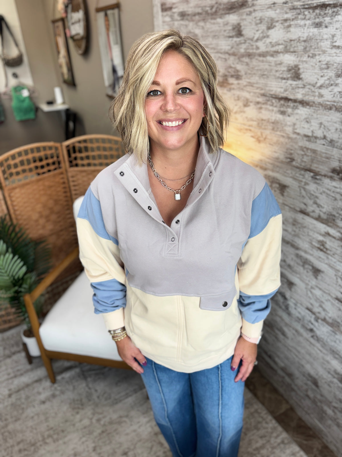 Grey Colorblock Half Snap Top