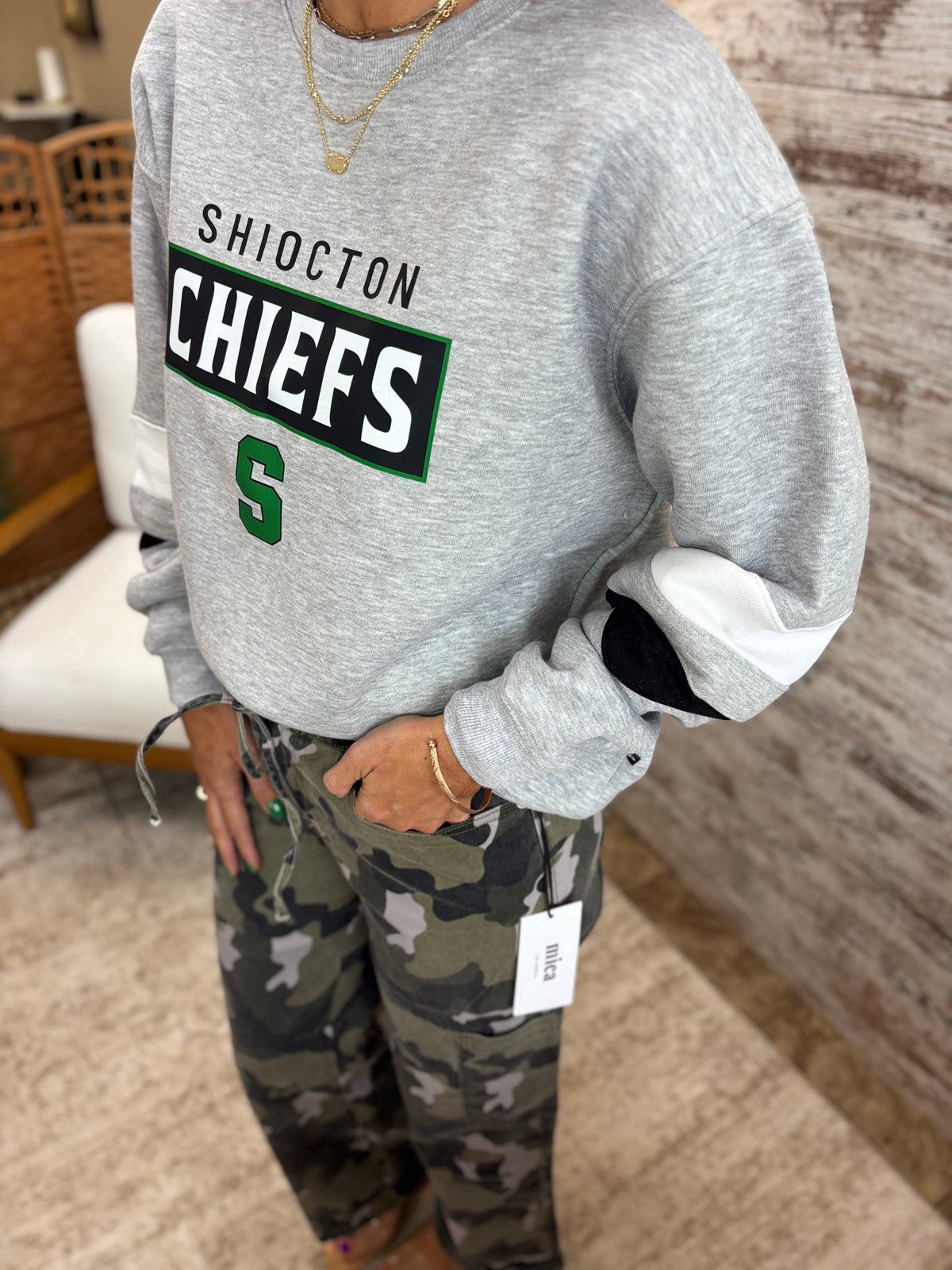 Shiocton Chiefs Varsity Black and White Stripe Pennant Crew~ Unisex